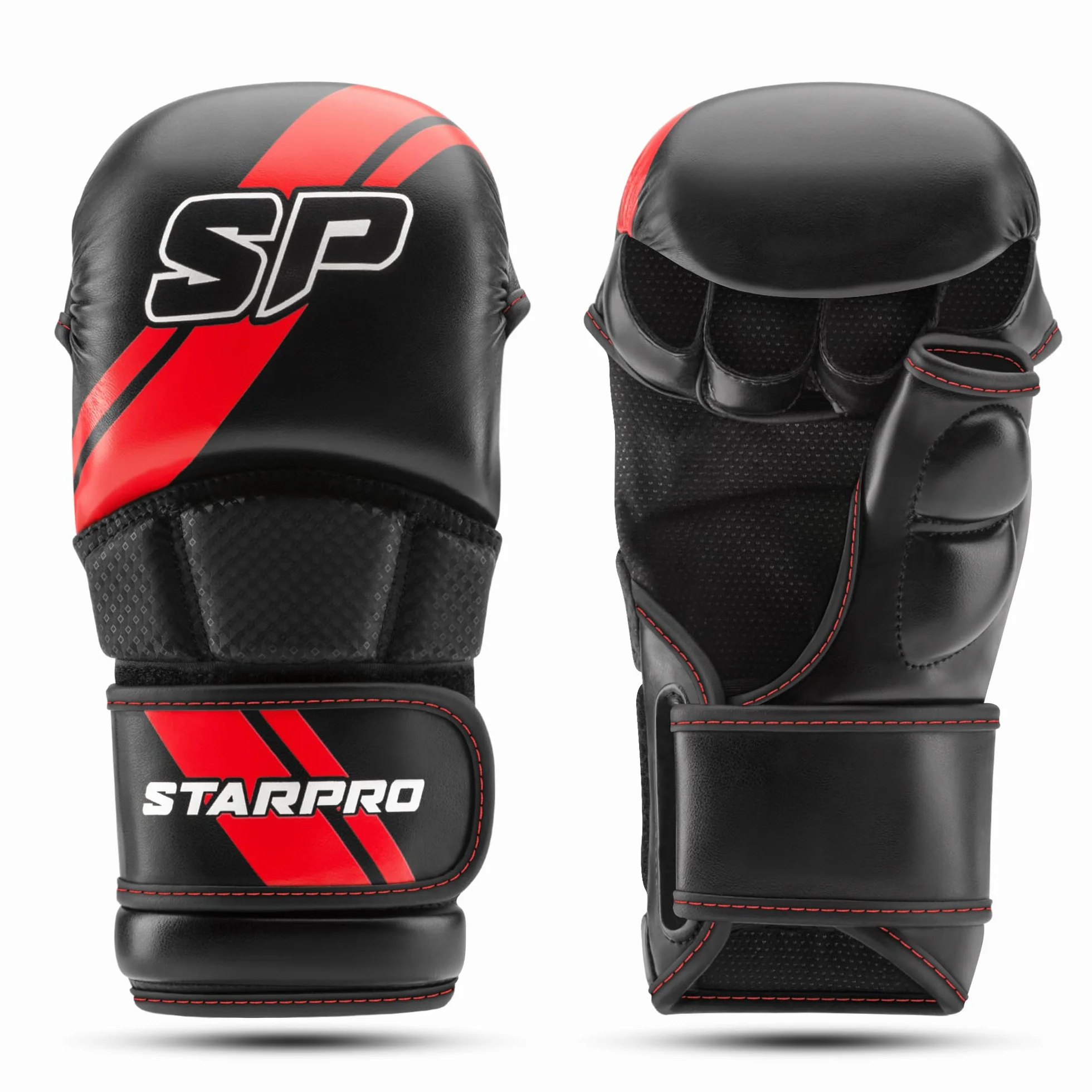 Starpro Guantes MMA de Cuero PU para Sparring y Agarre Entrenamiento Combate Muay Thai Kickboxing Negro
