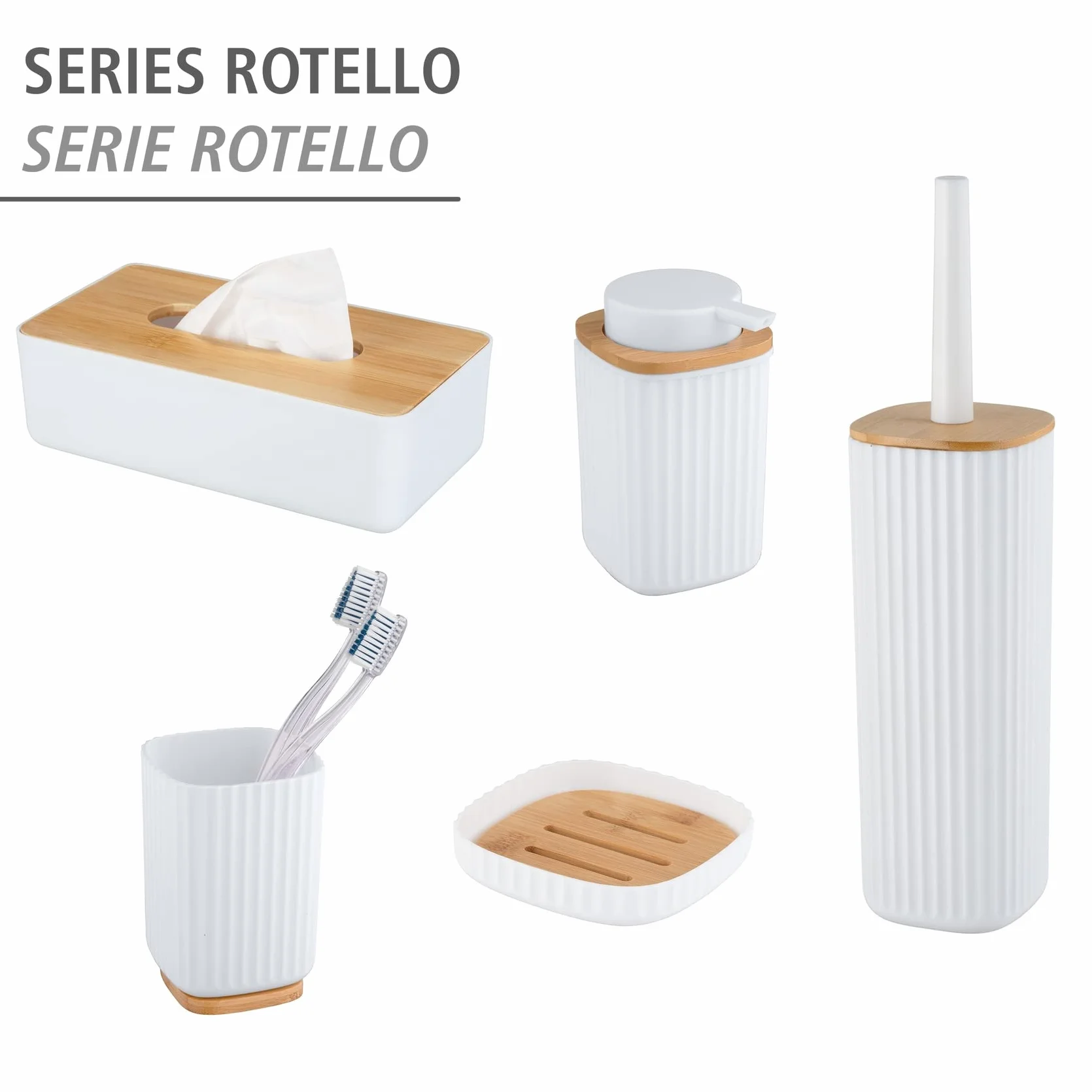 WENKO Vaso para el cepillo de dientes Rotello, portacepillos de plástico py base de bambú, para guardar utensilios, estructura acanalada de fácil sujeción, Ø 8,6 x 11,1 cm, blanco/natural