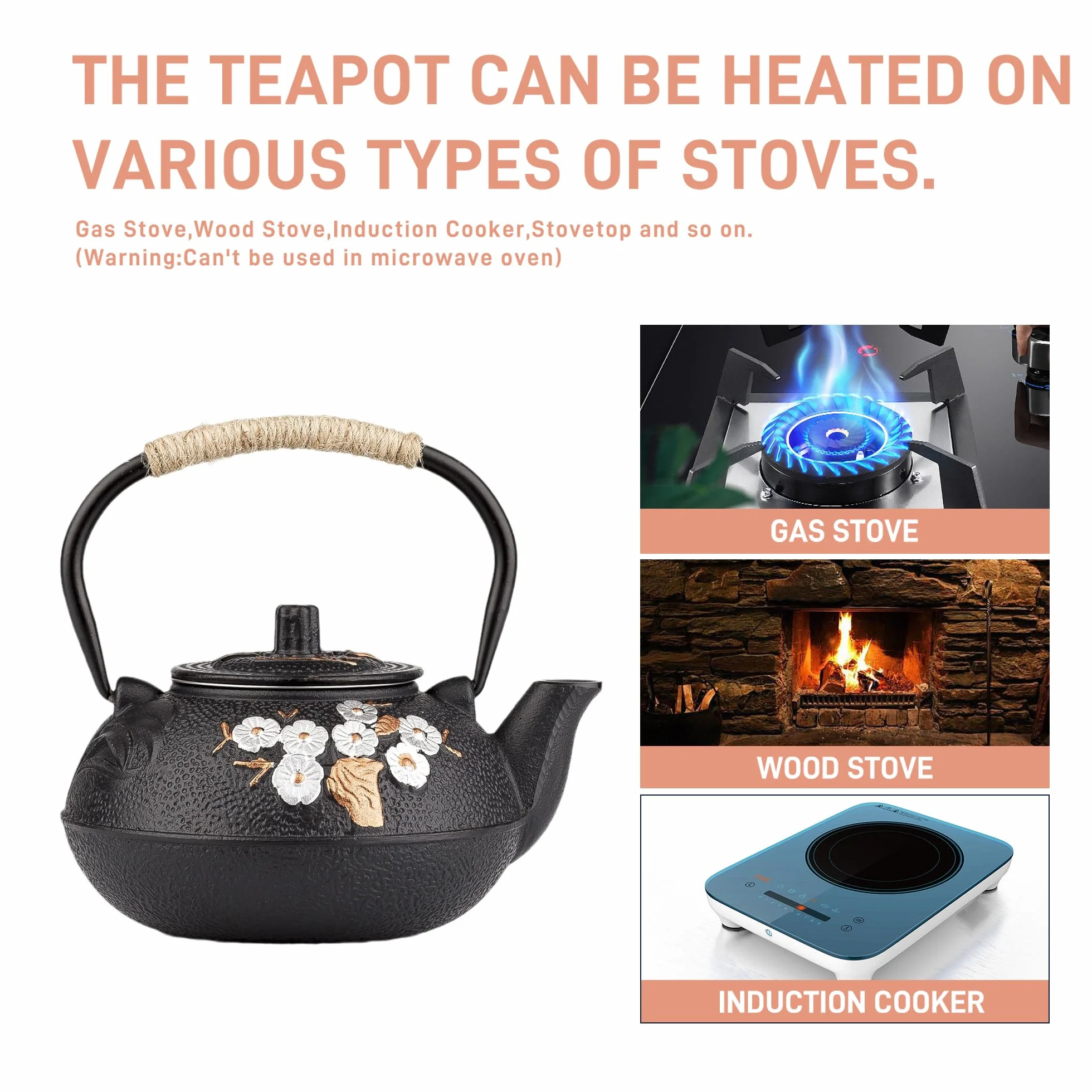 Tetera de hierro fundido, tetera japonesa de hierro fundido con infusor de acero inoxidable para estufa segura (27 onzas/800 ml)