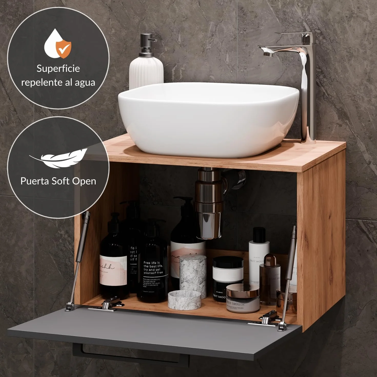 Planetmöbel Astra Conjunto Muebles de baño con Mueble bajo Lavabo 60 cm, 1 Armario Lateral Roble Dorado Antracita, lavamanos sobre encimera 42 cm Blanco