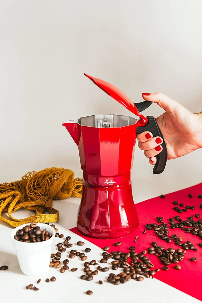 Jata HCAF2012 - Cafetera Italiana Inducción, Capacidad 12 Tazas, Apta para Todo Tipo de Cocinas, Cuerpo Aluminio, Roja