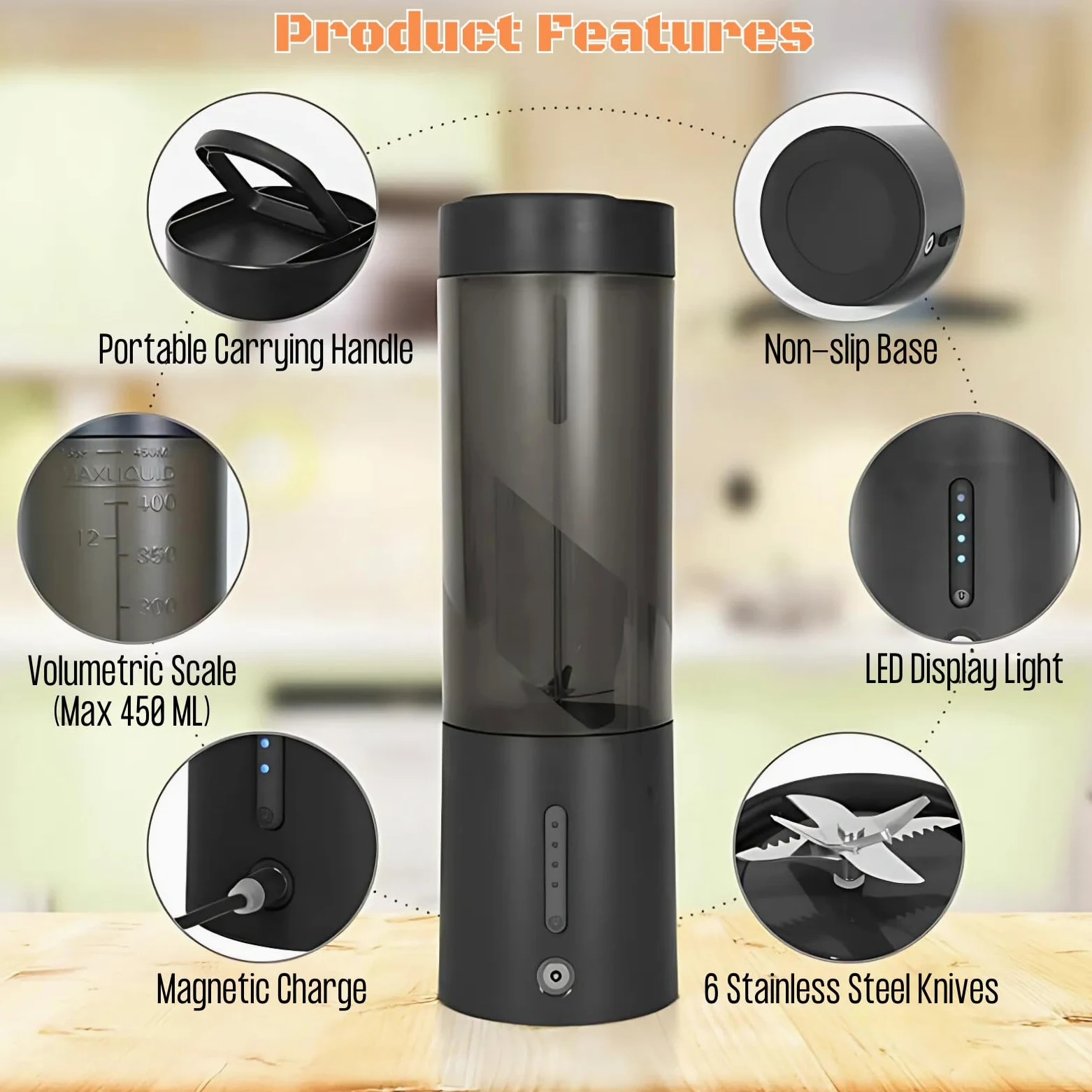 Licuadora portátil, licuadora recargable por USB con 6 cuchillas mejoradas y batería de 4000 mAh, capacidad de 450 ml, ideal para batidos, batidos de proteínas, viajes y oficina (negro)