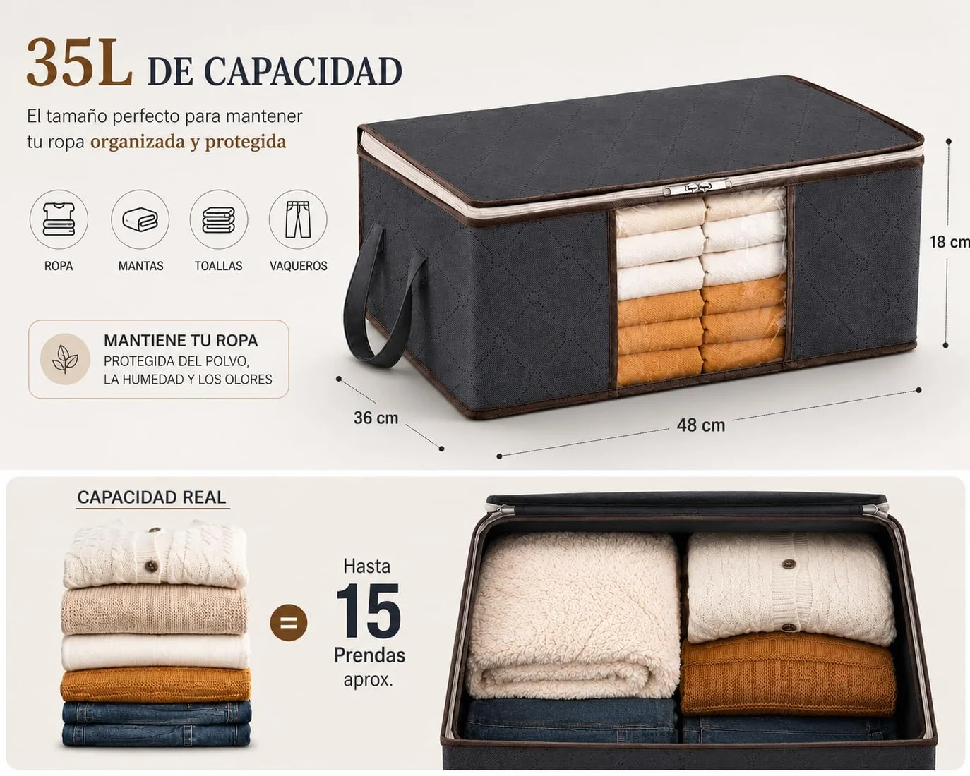 Bolsas de Almacenamiento Ropa 35L Pack 4 – Organizadores Armario con Ventana Transparente – Cajas de Tela para Guardar Ropa, Mantas, Edredones y Cambio de Temporada