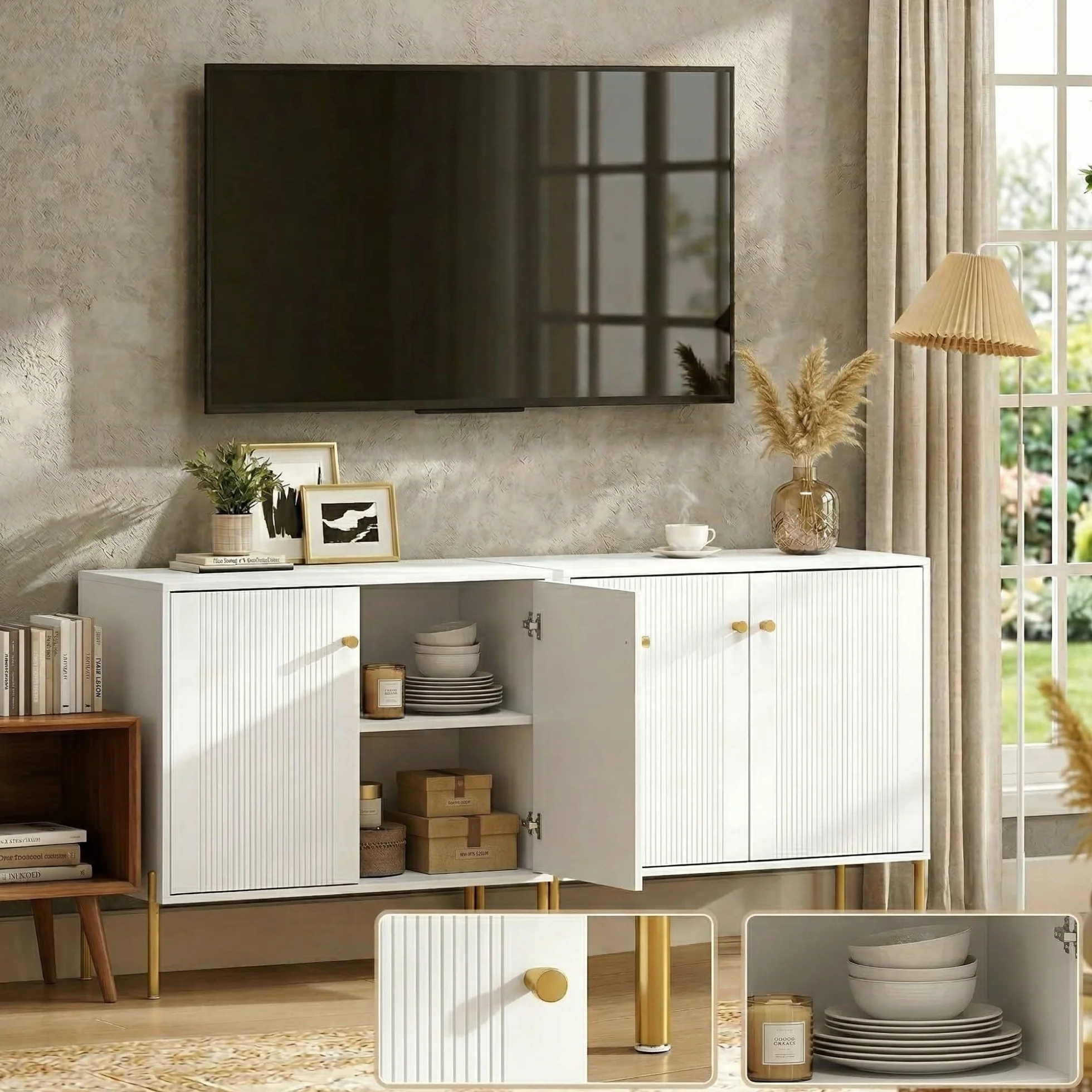 HOMCOM Aparador Moderno de 2 Puertas, Aparador de Salón con Estantes Ajustables, Encimera con Efecto Mármol, Patas de Acero, para Cocina, Entrada, Dormitorio, Blanco, 80x39,1x76 cm
