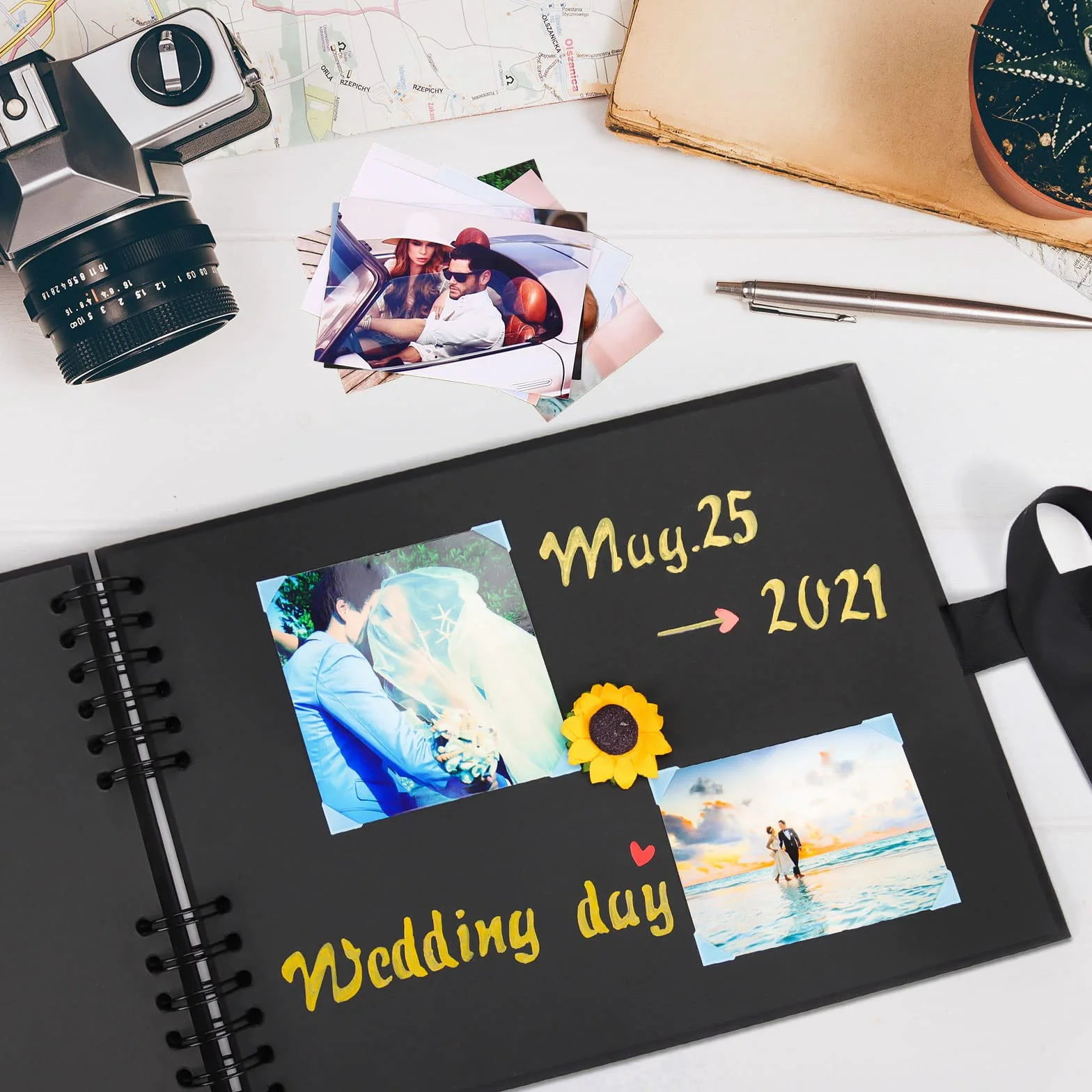 Vienrose Álbum de Fotos Scrapbook 10x15 cm Álbum de Recortes para Pegar y Escribir 80 Negra Páginas Espiral DIY Regalos de Boda Aniversario Bebé Cumpleanos Familiares Navidad, 28,5x21cm, Negro