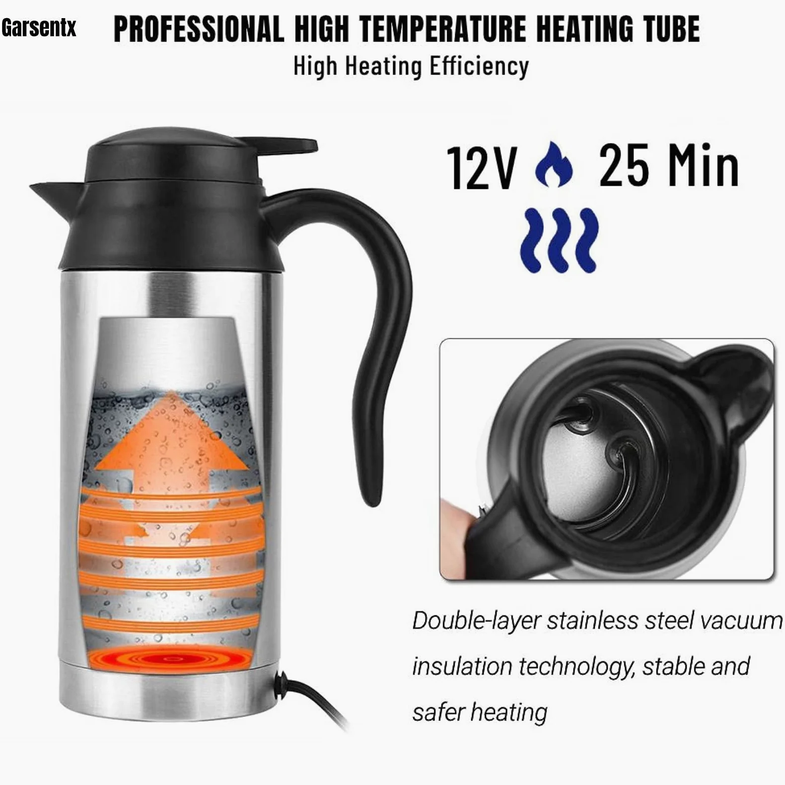Caldera de viaje, 750ml 12V acero inoxidable portátil caldera de coche eléctrico, taza de café del coche con el encendedor de cigarrillos Cargador caldera eléctrica taza de agua caliente para el agua