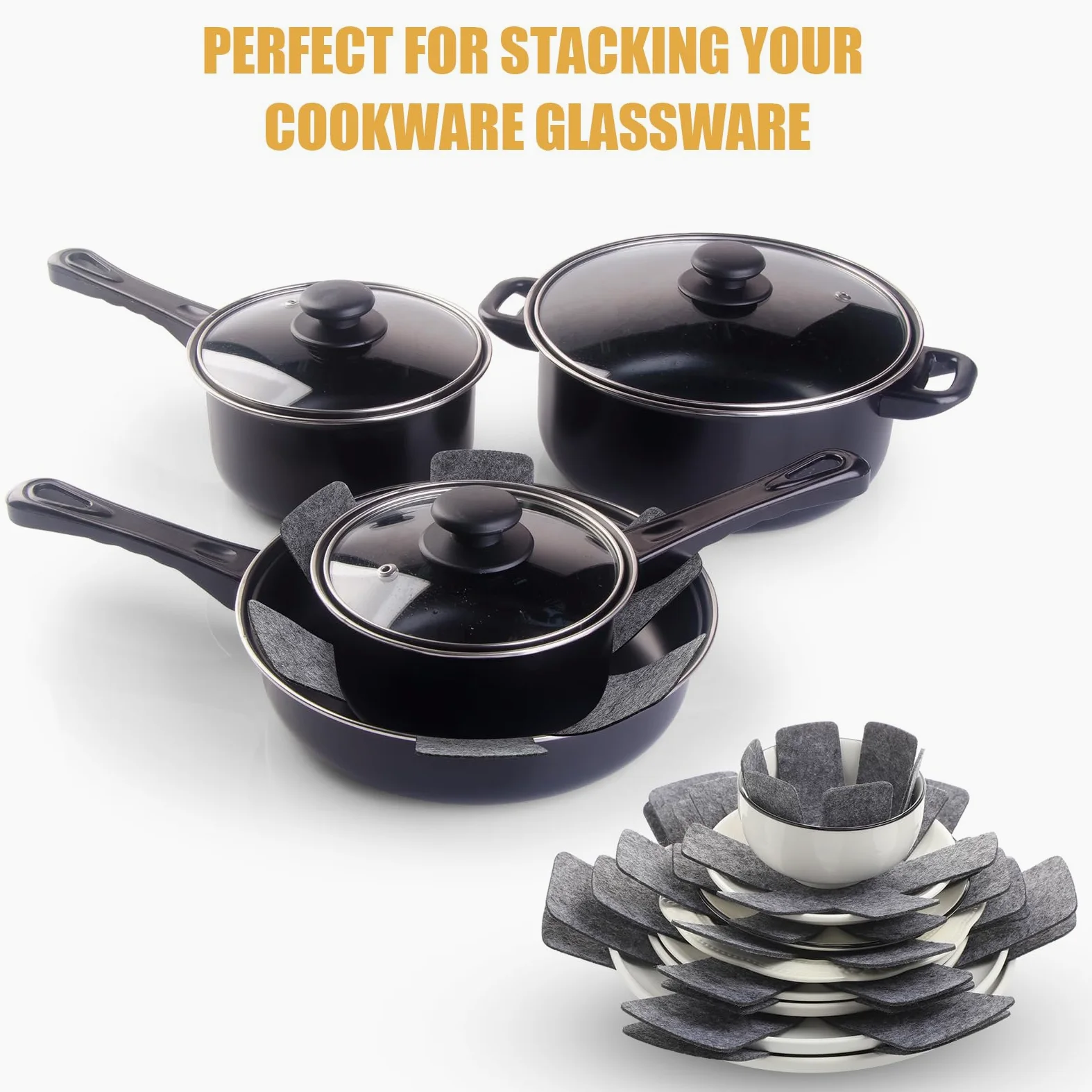 Honeydak 80 protectores para ollas y sartenes, 6 tamaños diferentes, almohadillas divisoras de ollas, protectores de utensilios de cocina para apilar, proteger ollas y sartenes, color gris