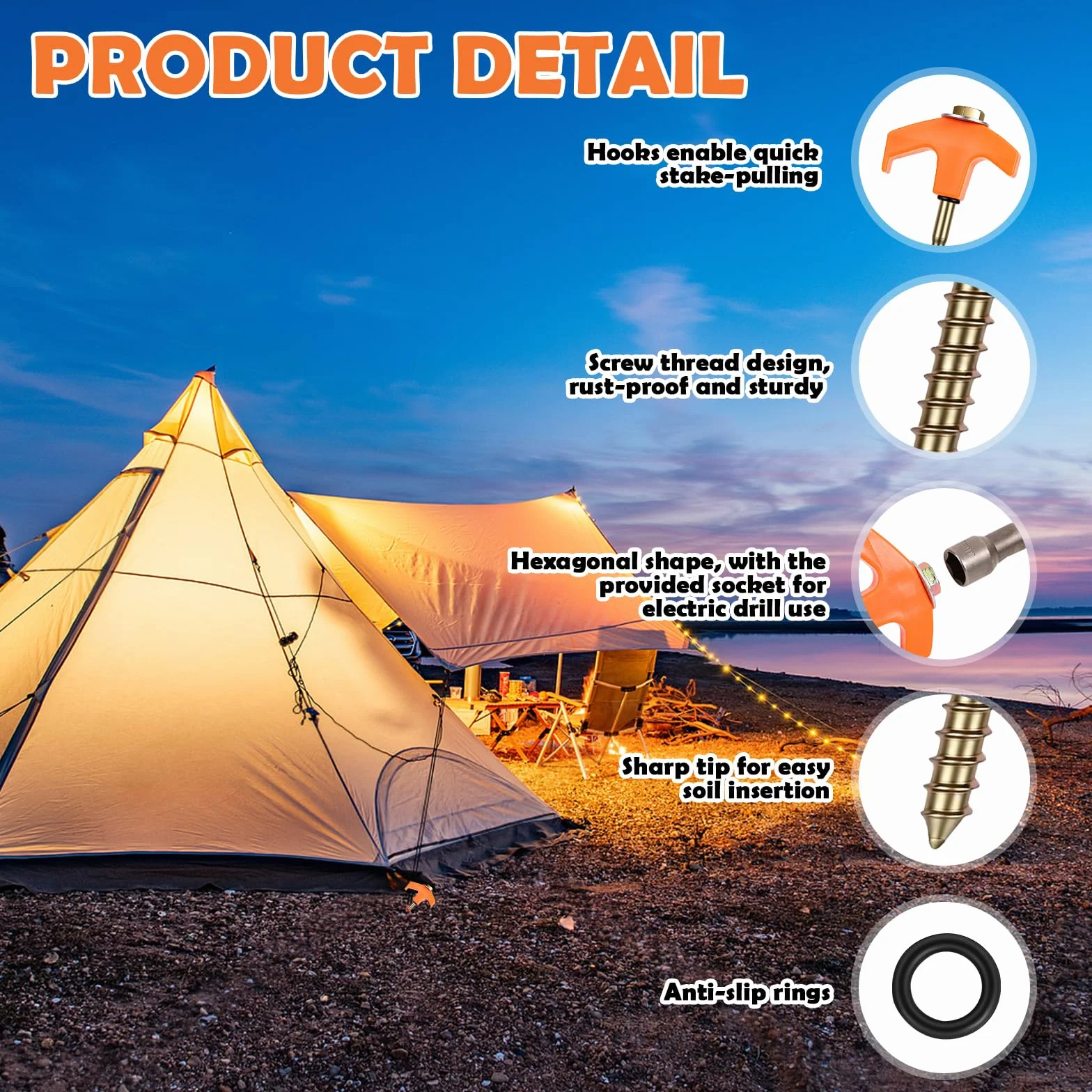 Piquetas Camping Suelo Duro 24 Piezas Atornillables con Broca y Extractor de Clavos