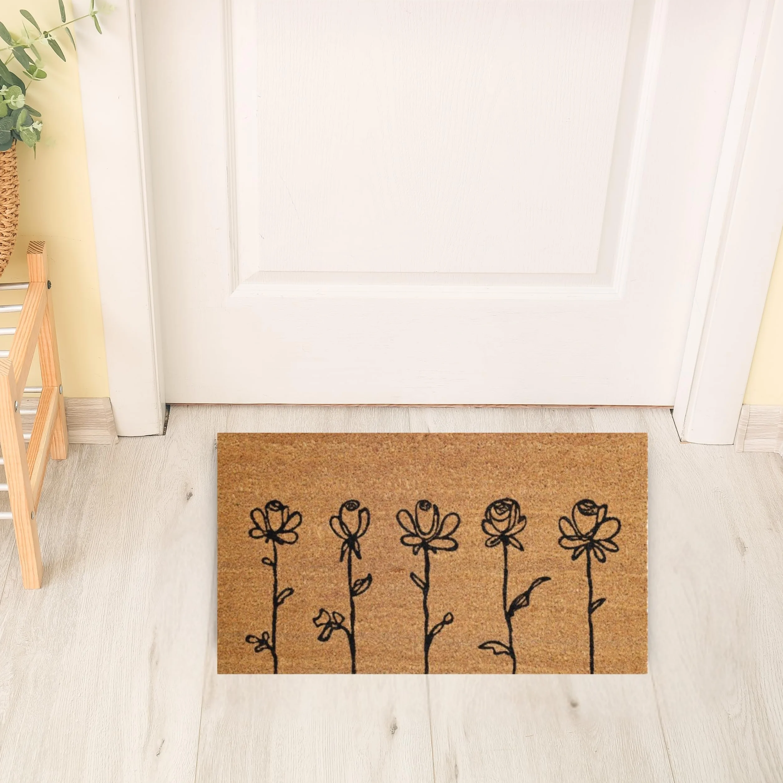 Felpudo Kera Flowers con Fibras de Coco, Alfombra antisuciedad para Entrada Rectangular, 40 x 70 cm, Fondo de látex Antideslizante – Impresión 5 Flores
