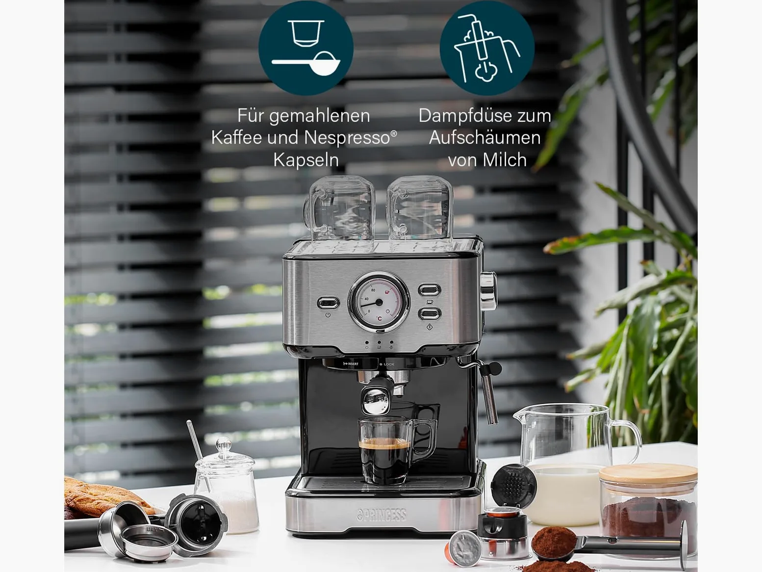 Máquina de café y cápsula con espumador de leche para capuchino, latte y espresso macchiato, 20 bares, color negro con acero inoxidable