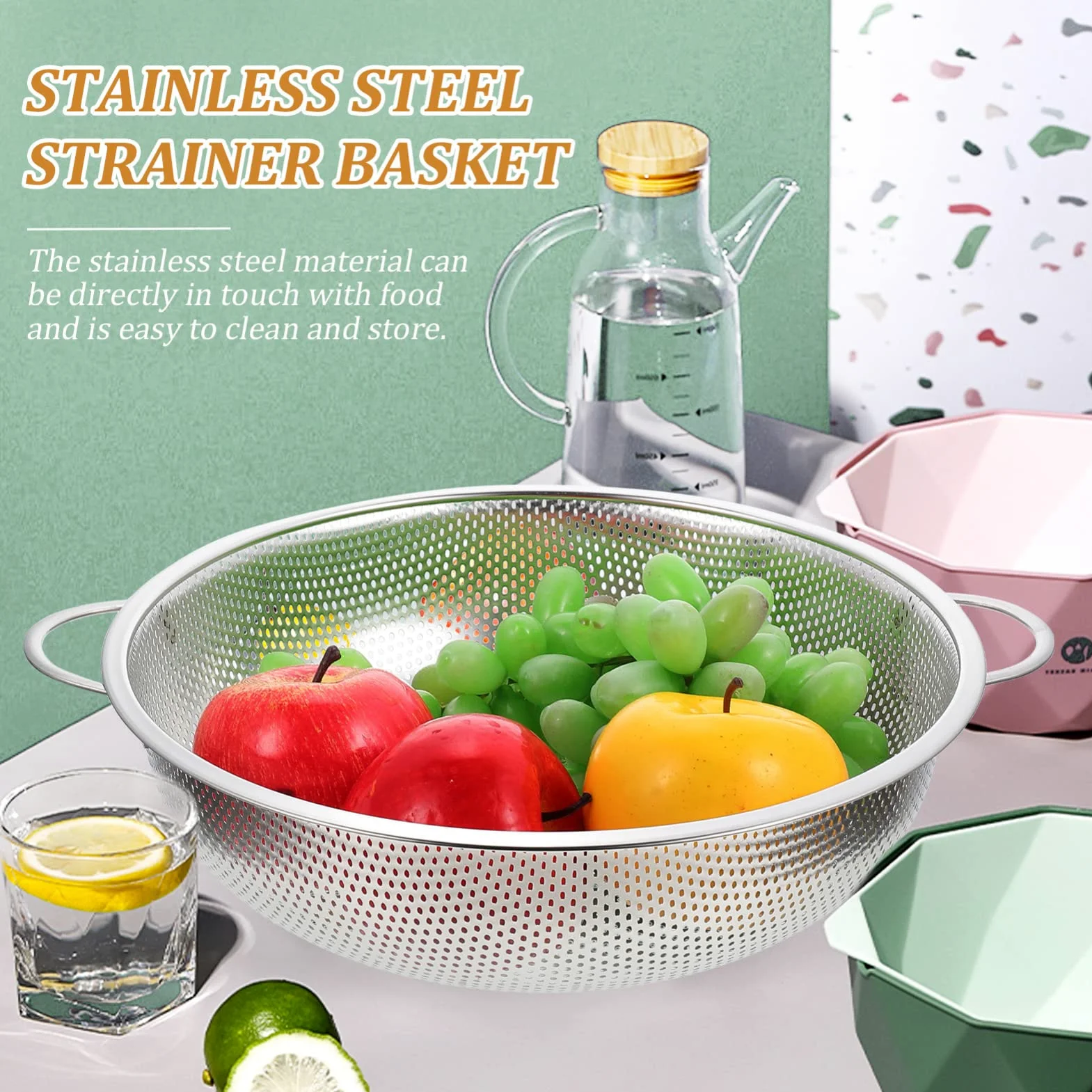 Colador de fideos Colador de malla de acero inoxidable Cestas de colador con asa Cuenco de lavado de arroz de metal de 34 cm Cuenco colador de alimentos de cocina Cuenco para pasta Espaguetis Bayas