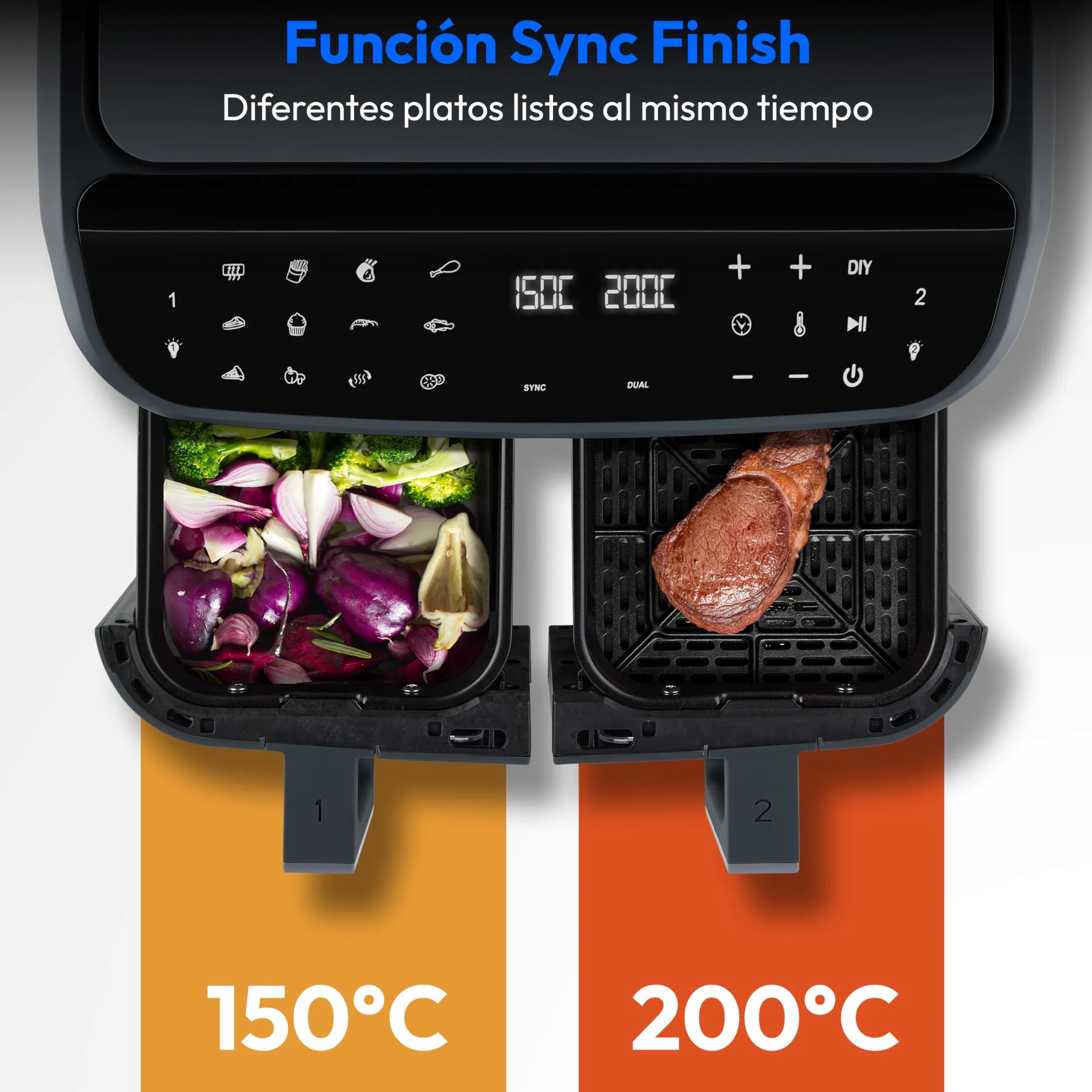 MEDION P20 XXL Freidora de Aire Doble Cesta MD11760 Gris Mate | 8,7 L, 2600 W, 10 Programas, 2 Cajones, Ventana, Air Fryer Dual XXL