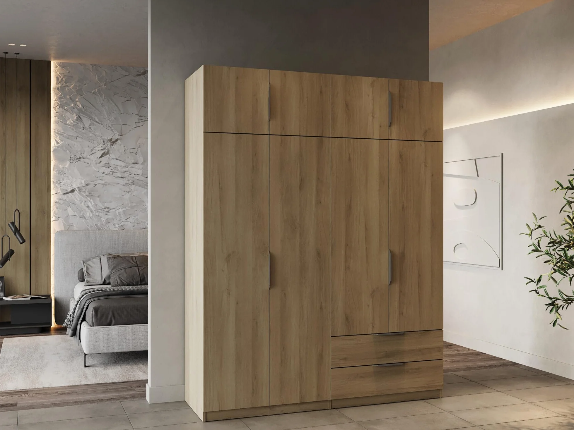 Armario vestidor Demeyere con ropero Moderno, 8 Puertas, 5 estantes y 2 cajones, Color Roble Kronberg, 157,3 x 51,1 x 203 cm, Gris.