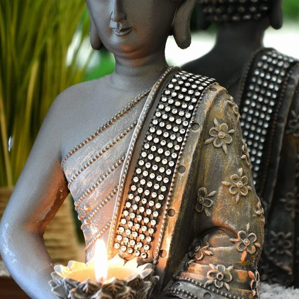 Figura decorativa Buda chino 31 cm con candelabro decoración zen Feng Shui interior