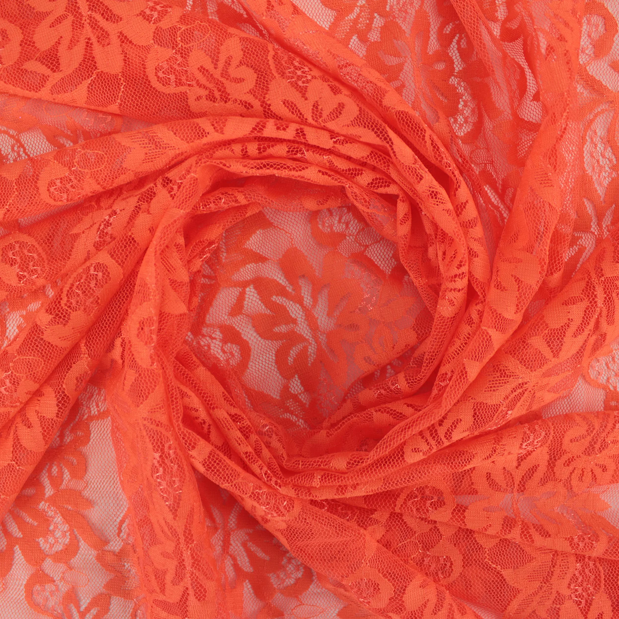 TELA DE ENCAJE DE BLONDA ELÁSTICA EN COLORES LISOS DE FLORES SERIE ABRIL DE ANCHO 150 cm POR METRO (NARANJA FLÚOR, 5 METROS)