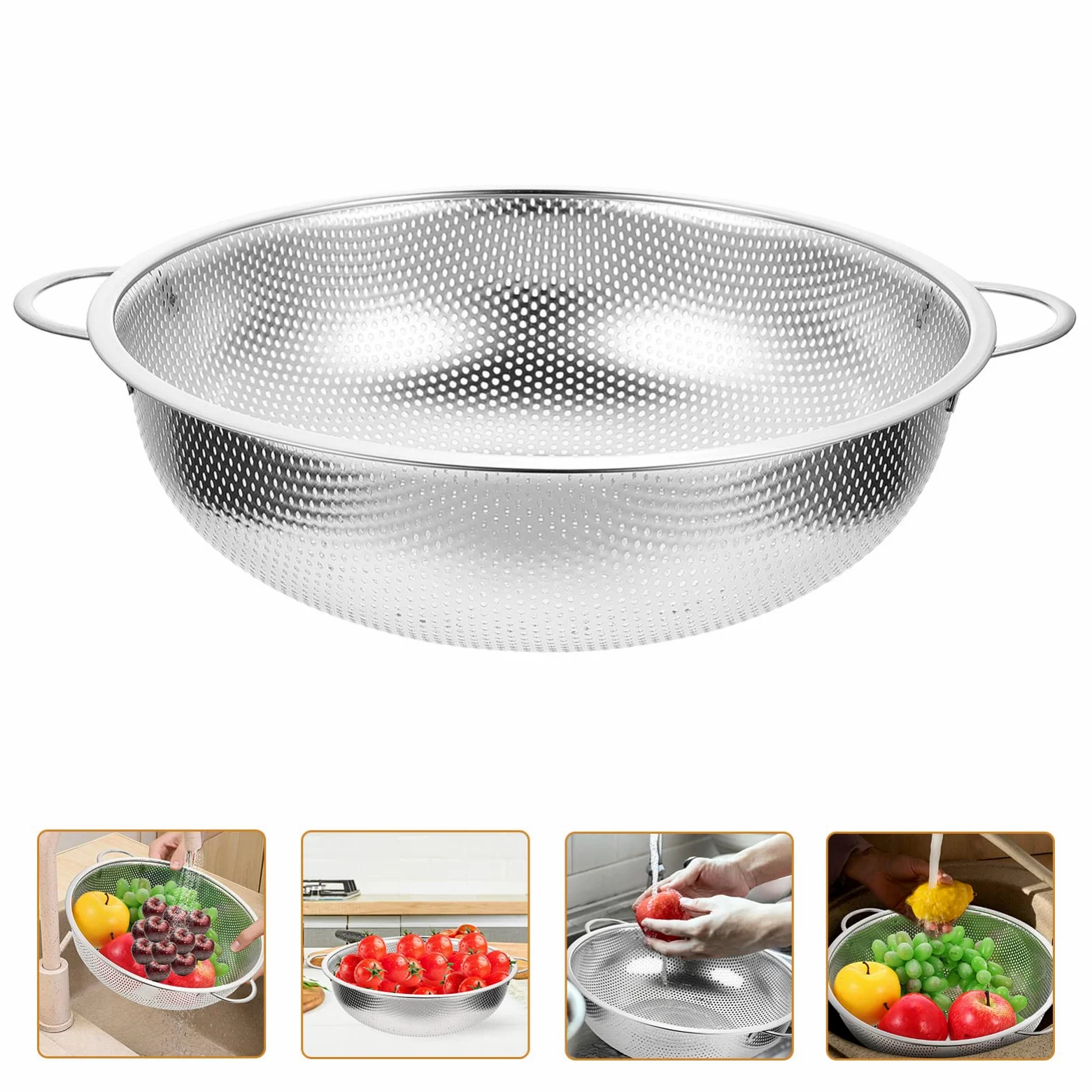 Colador de fideos Colador de malla de acero inoxidable Cestas de colador con asa Cuenco de lavado de arroz de metal de 34 cm Cuenco colador de alimentos de cocina Cuenco para pasta Espaguetis Bayas