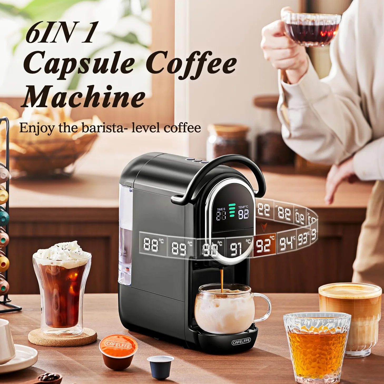 CAFELFFE MK-609S 6 en 1, 20 bares con alivio automático de la presión, control de temperatura y cantidad de café, 6 opciones de adaptador para cápsulas, hojas de té y café molido, 1450 W, color negro