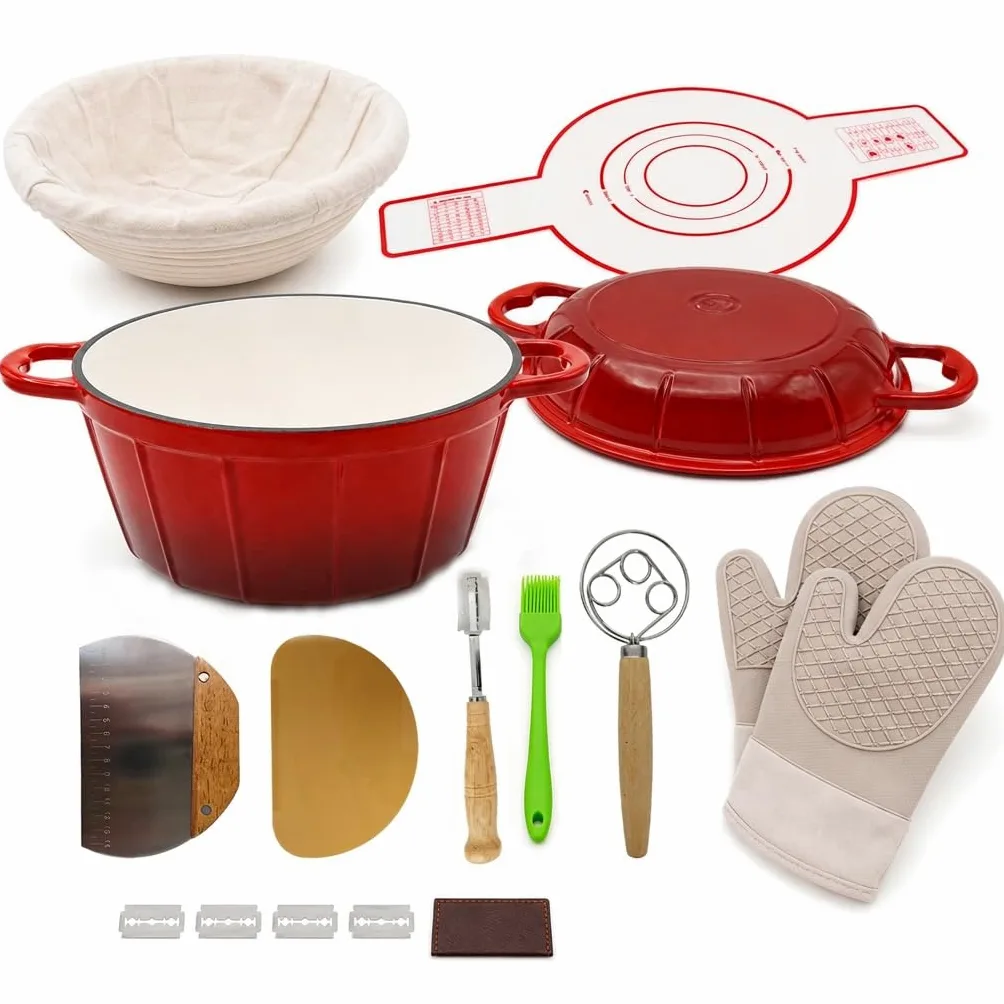 Juego de olla de hierro fundido esmaltado y masa madre, horno holandés rojo de 5 litros + tapa de sartén 2 en 1, herramientas completas para hornear, apto para horno/gas/inducción, fácil de limpiar y