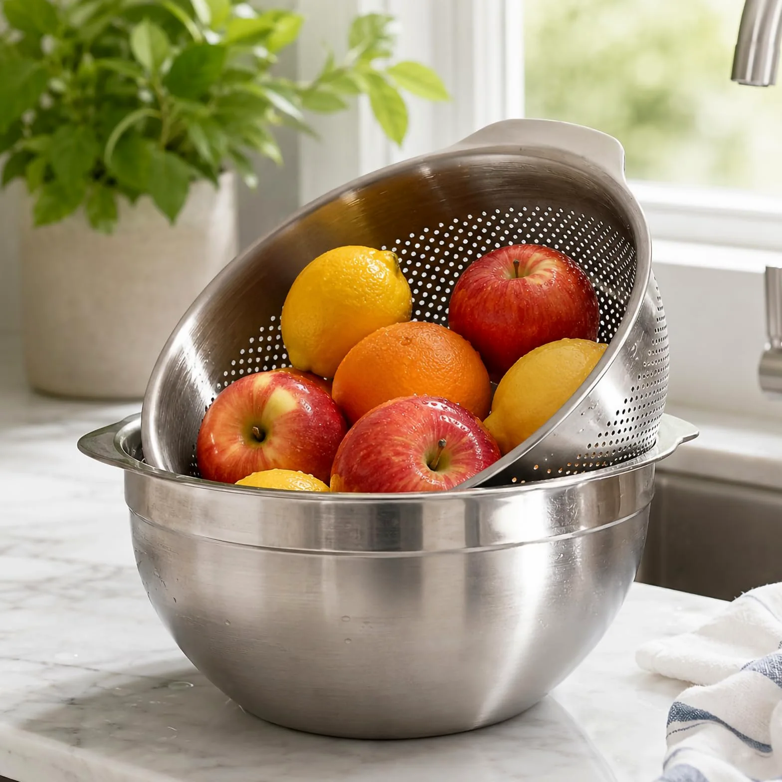 Produce - Juego de coladores para lavar (27 cm) | Lavabo de acero inoxidable 304, cesta de drenaje con asas, herramienta de enjuague de cocina