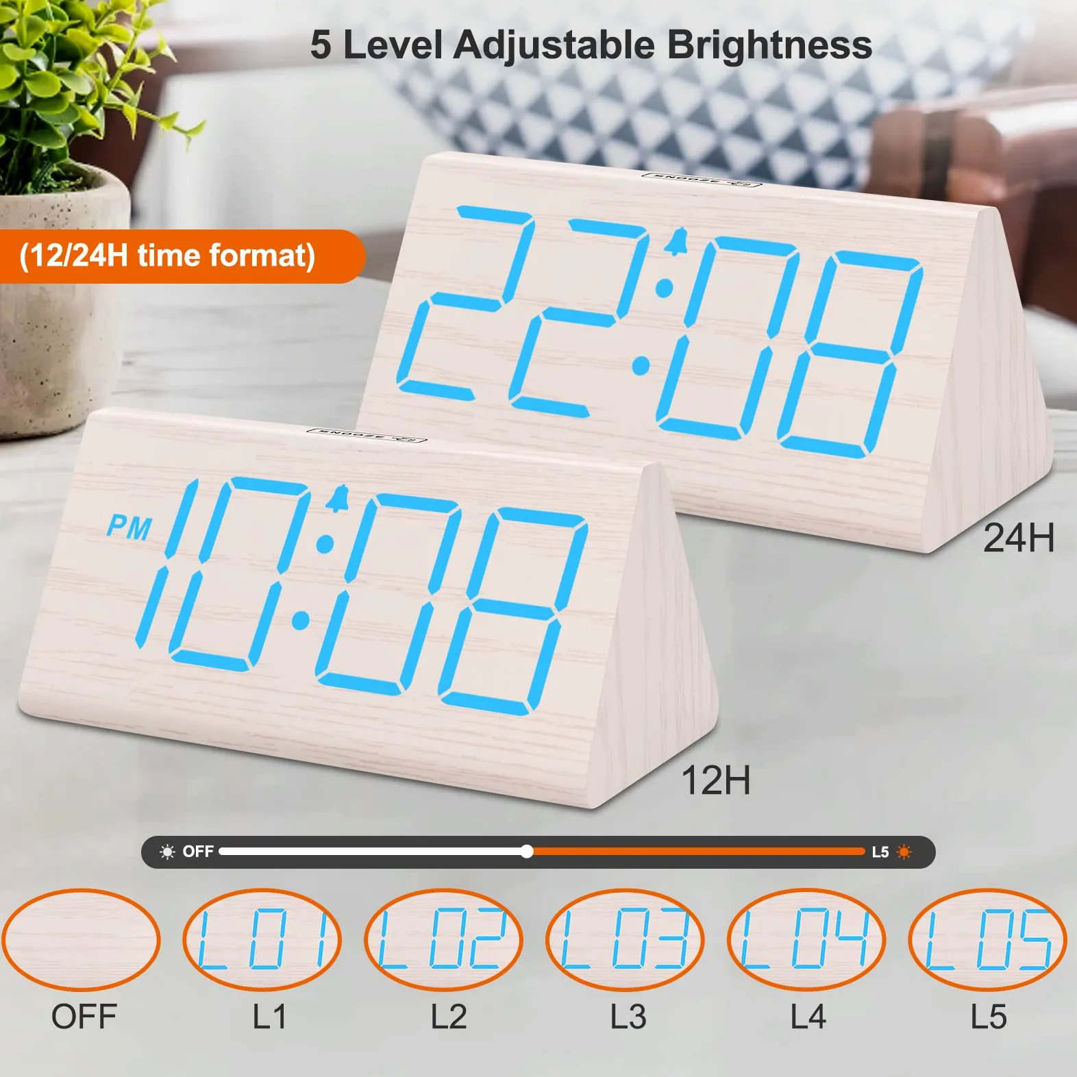 DreamSky Despertador digital de madera para dormitorios, reloj eléctrico de escritorio con números grandes, puerto USB, alarma de respaldo de batería, volumen ajustable, atenuador, repetición, DST,