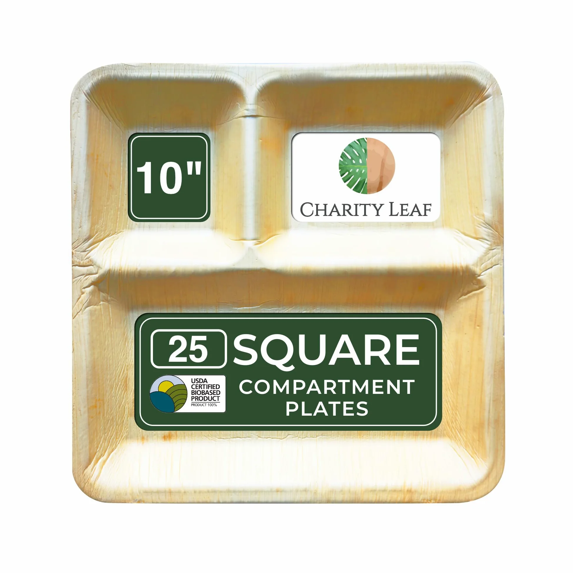 Charity Leaf Platos de cena compostables de hoja de palma con compartimento cuadrado de 10 pulgadas (paquete de 25) | Premium, 100% natural, desechable, resistente, perfecto para fiestas, bodas y