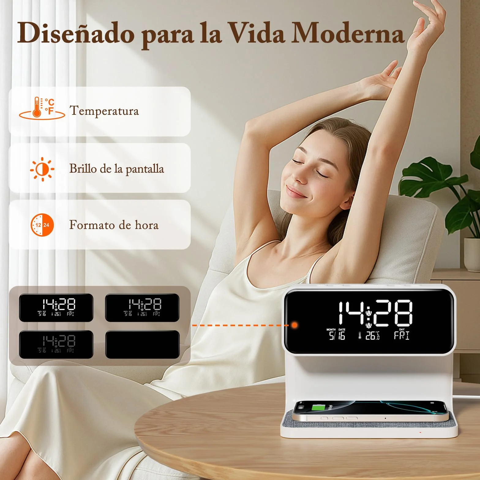 Despertador Digital, Reloj Despertador con Cargador Inalámbrico 15W, LED Pantalla Temperatura/Fecha/2 Alarmas/Snooze Ajustable/12/24H, Despertador Luz con Control Táctil para Infantil Adultos