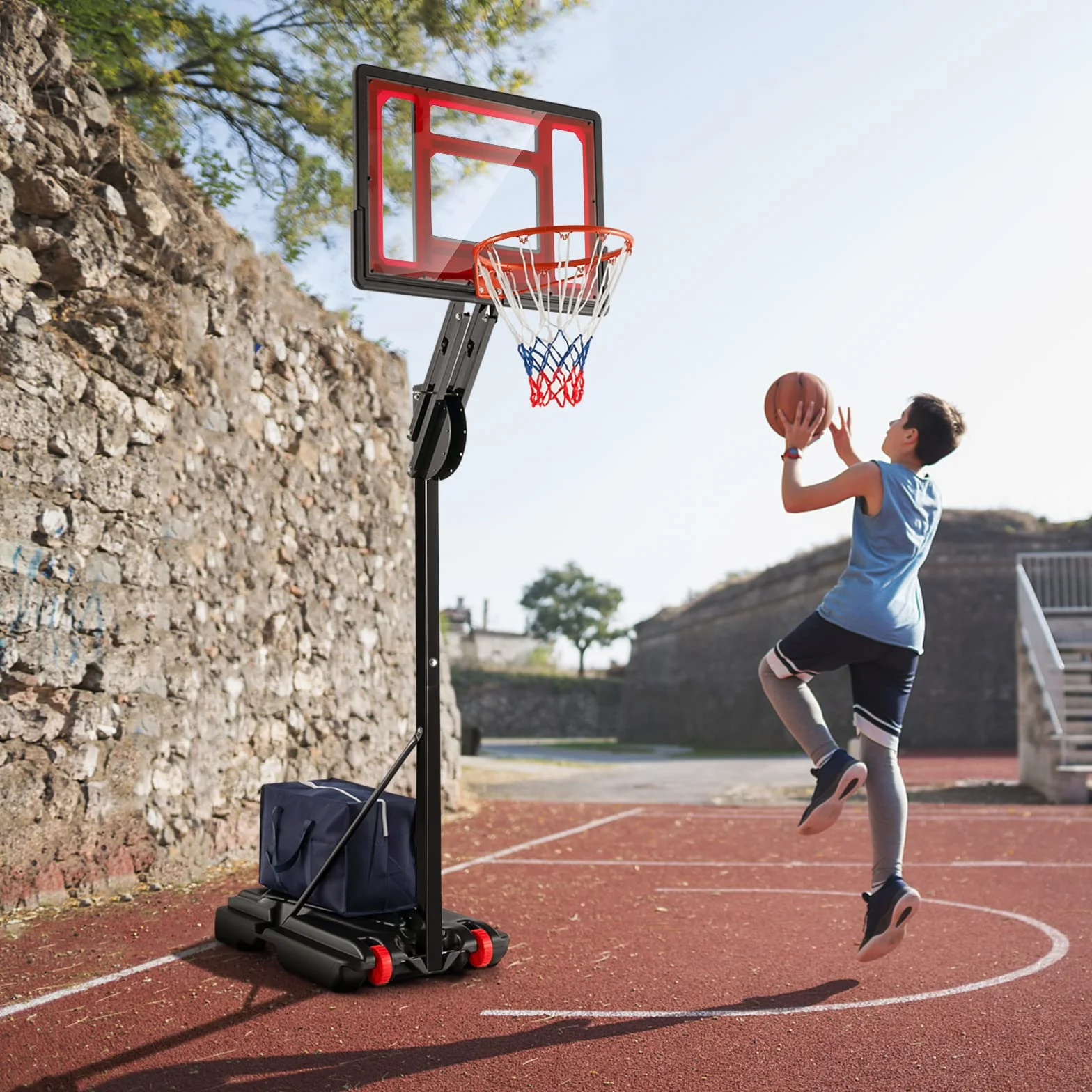 KOMFOTTEU Canasta de Baloncesto Altura Ajustable 105-260 cm Portátil con Ruedas Base Rellenable