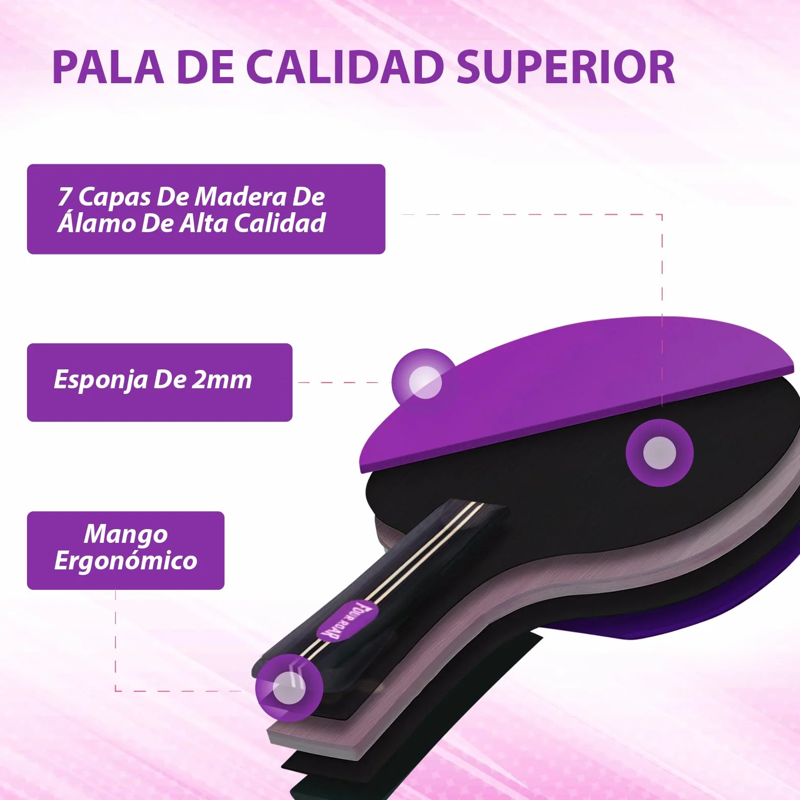 Pala Ping Pong Rosa 7 Capas Raqueta para Todos los Niveles con Funda y Pelota
