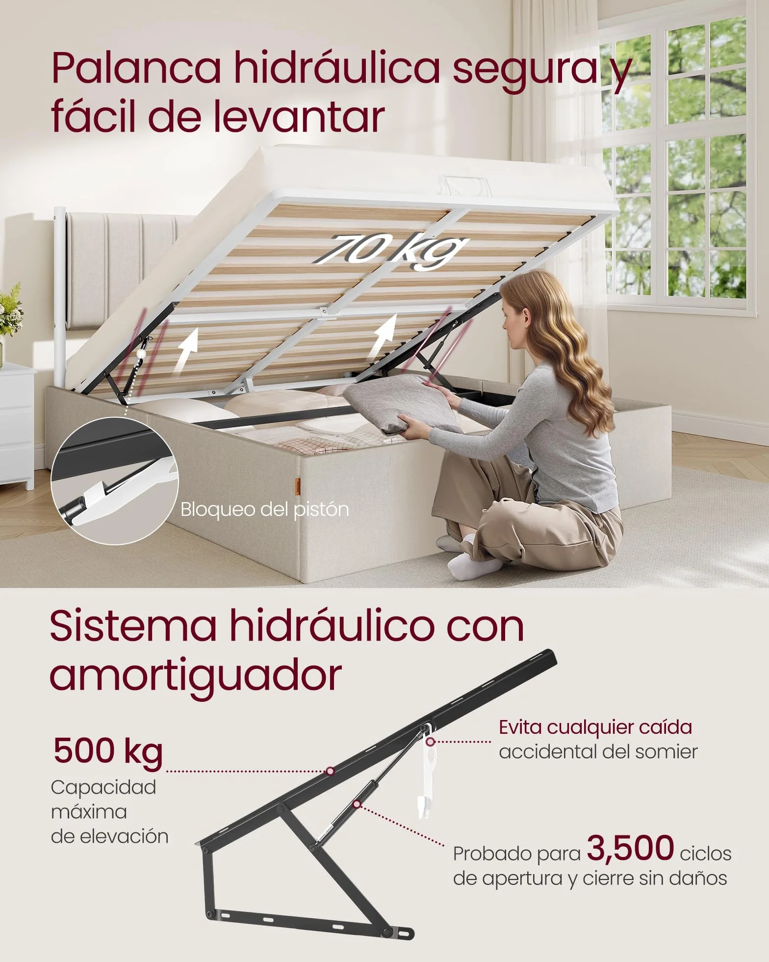 VASAGLE Estructura de Cama, 160 x 200 cm, Cama Elevable, 2 Personas, con Almacenaje, Cabecero, Sistema Hidráulico, Moderno y Minimalista, Fácil Montaje, Beige Capuchino RMB615LH01