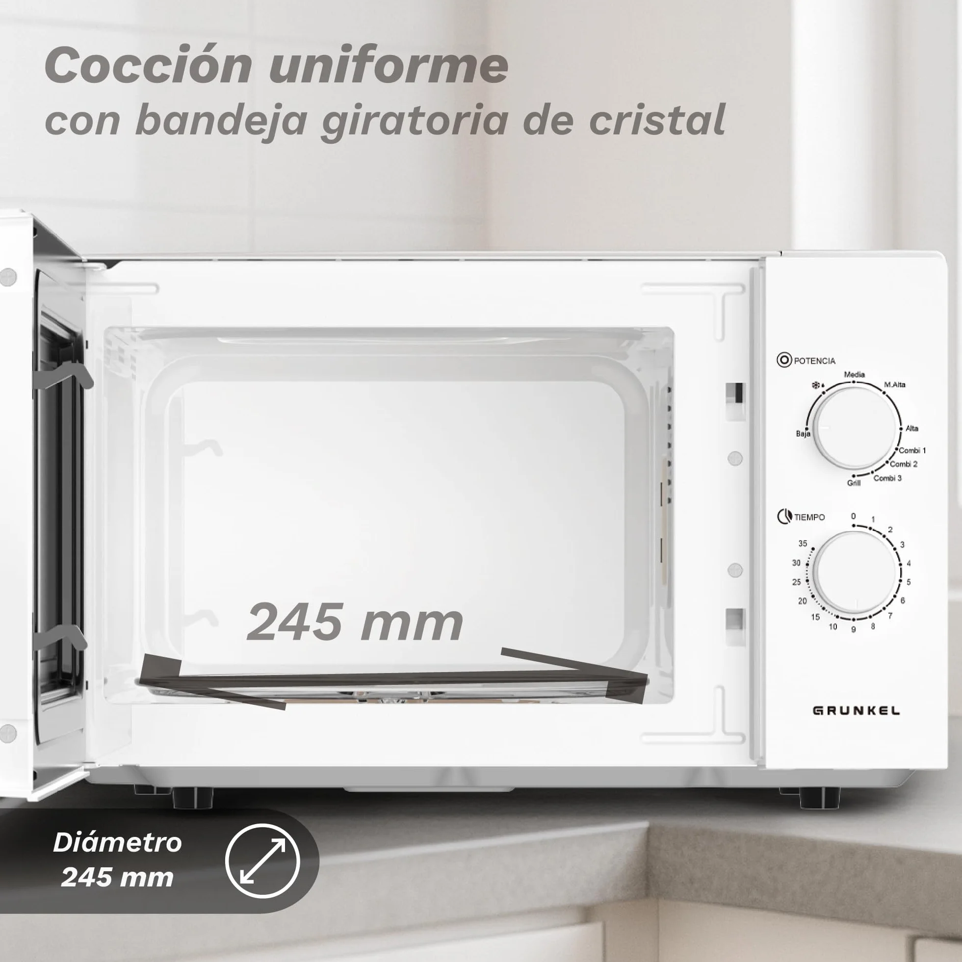 Microondas con Grill de 25 Litros, 850W +1000W Grill, 5 Niveles de Potencia, 3 Modos Combinados, Temporizador 30 min