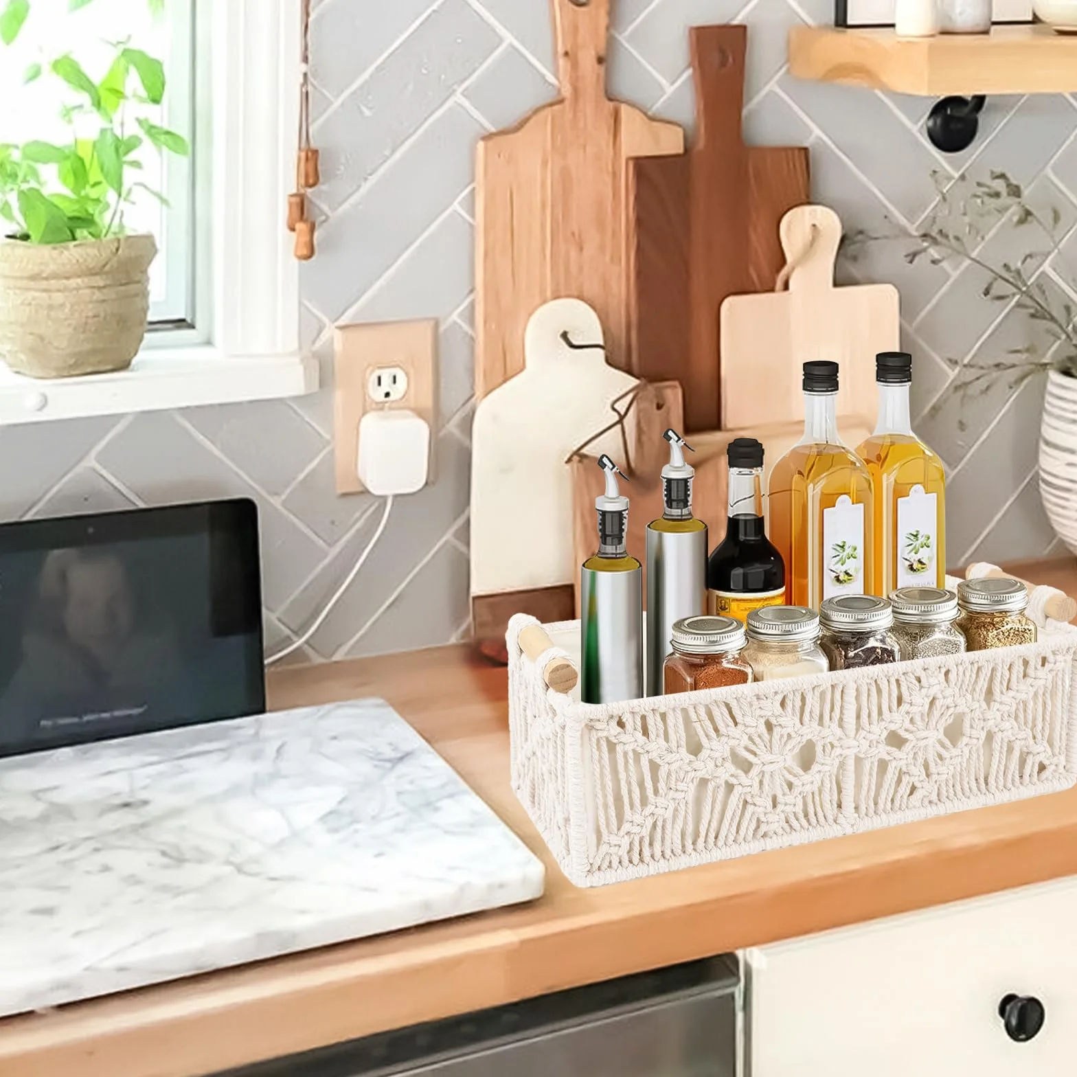 Cestas de Almacenamiento de Macramé Hechas a Mano, Decoración Bohemia, Caja Tejida con Asa, Cesta Trenzada para Baño, Dormitorio, Salón (Blanco Algodón)