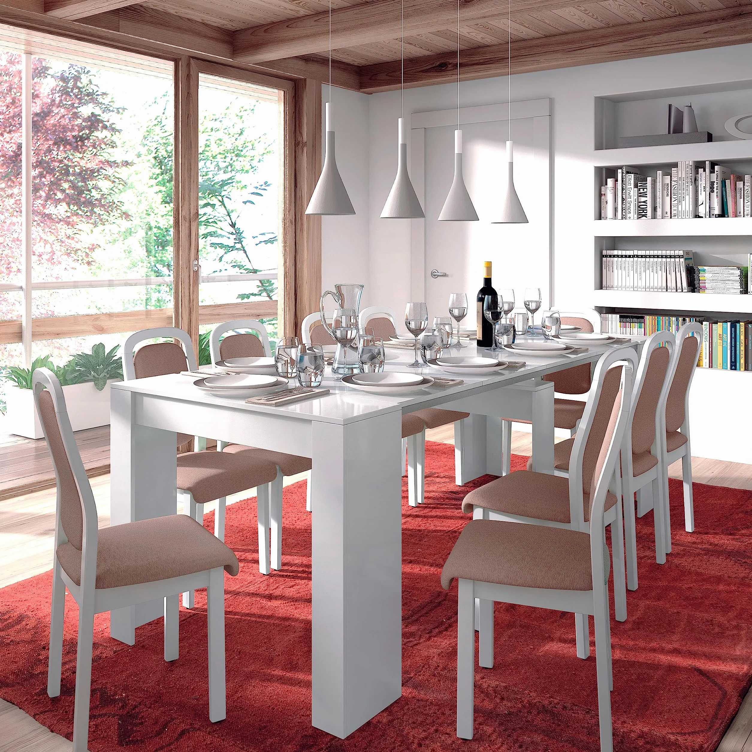 Habitdesign – Mesa Extensible para Comedor, Mesa Ampliable para Salón o Cocina - 5 Posiciones y hasta 10 Comensales - Blanco Brillo - 50-235x90x78 cm - Modelo Consola
