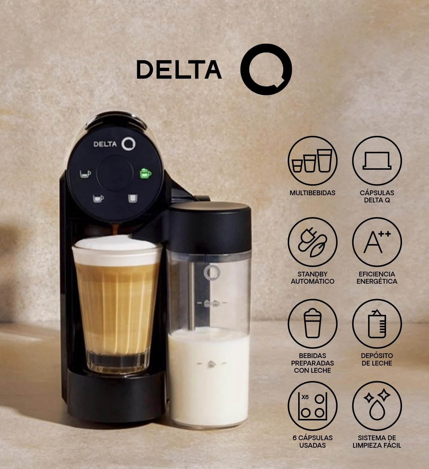 Delta Q | Cafetera Cápsulas Mini MilkQool Negro 20 Bares 0,6 L | Depósito de Leche, 40 Cápsulas Intensidad 10 + 10 Descafeinado