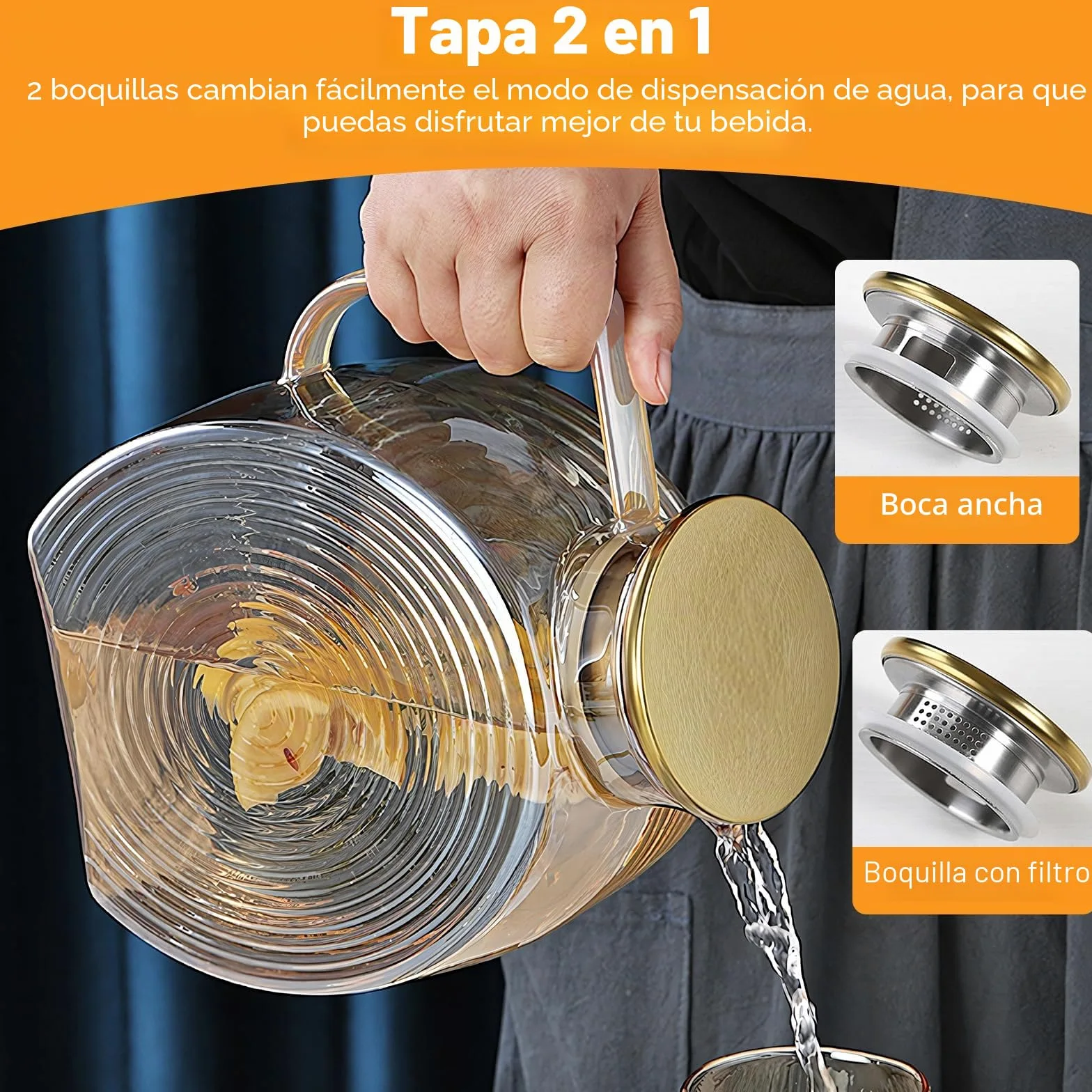 Jarra de agua de 2,2 litros de vidrio de borosilicato, jarra de agua con tapa de acero inoxidable, a prueba de fugas para bebidas caseras/café/leche/té helado/vino/jugo