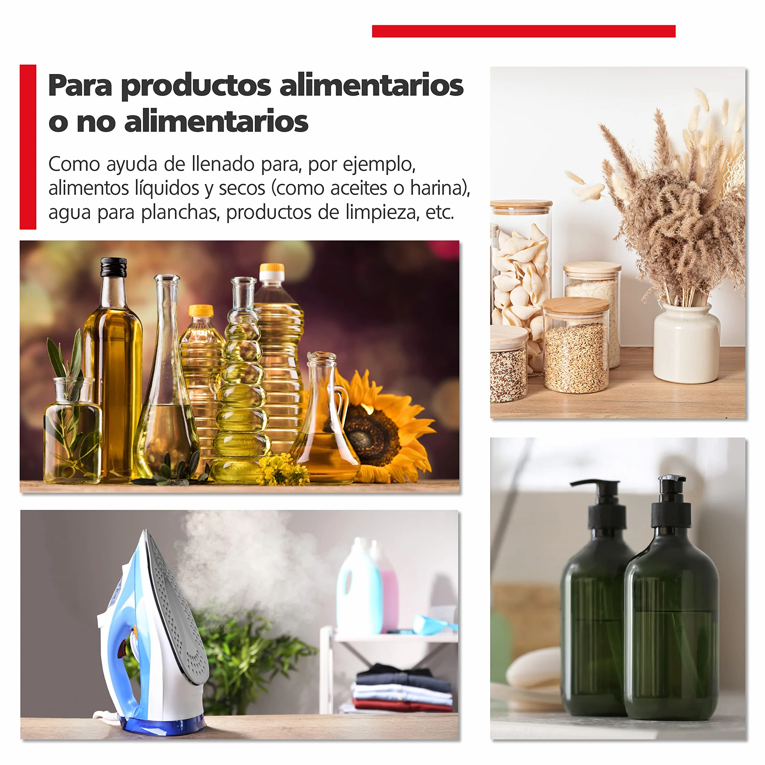 Nirox Juego de 4 embudos universales - Apto para alimentos BPA-FREE - Ayuda de llenado para la cocina - Mini embudo de llenado para líquidos e ingredientes secos - Embudo de aceite para coche