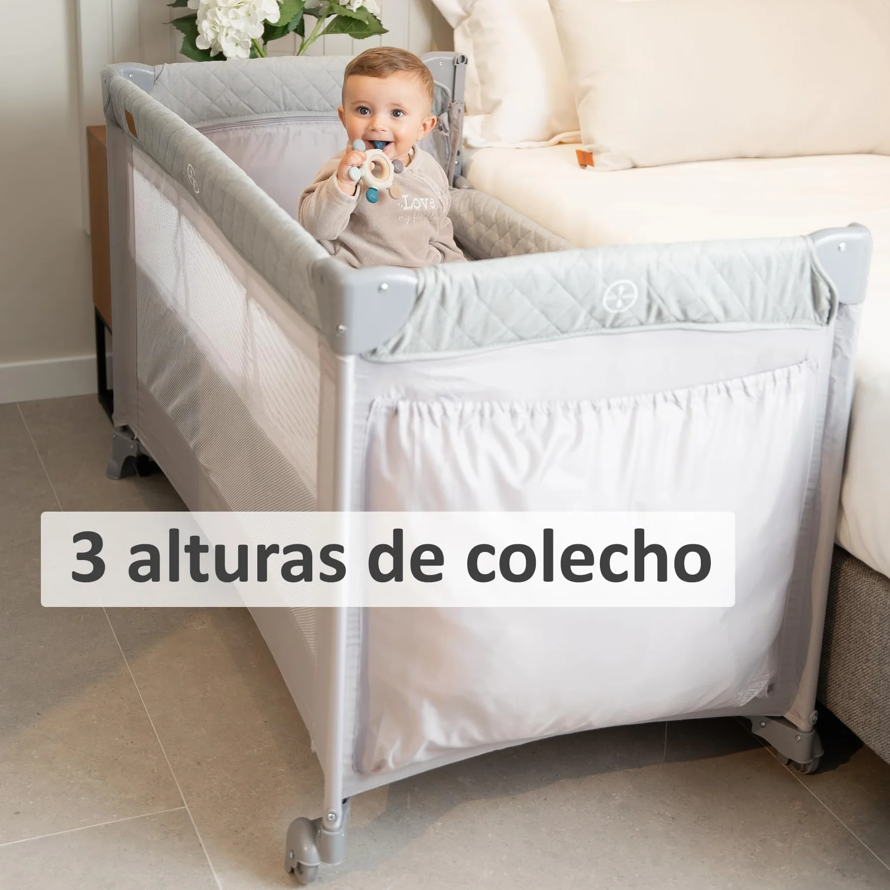 Cuna de Viaje Colecho 3 en 1 Trend Cun con Mosquitera 0-3 años (0-15kg) Plegable, Doble Altura, Lateral Abatible, Parque de Juegos, Bolsa de Transporte Gris Claro
