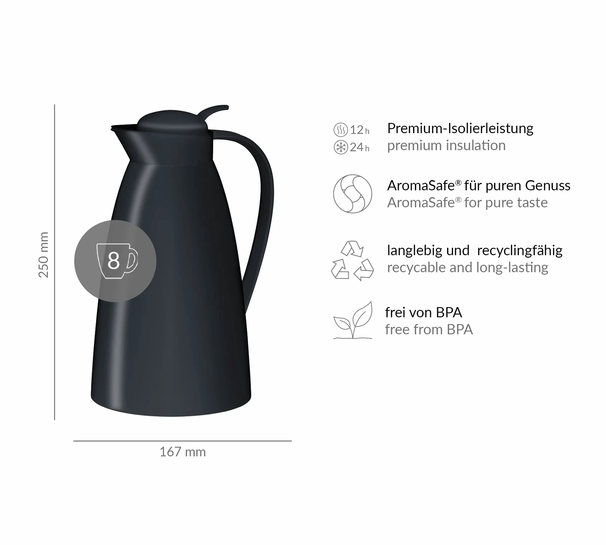 alfi Eco 1,0 l, Jarra isotérmica con inserción higiénica de Vidrio Duro de plástico, tapón de Rosca con cómodo pulsador, vertido con una Mano, Ideal como Jarra de café, Jarra de té, sin BPA