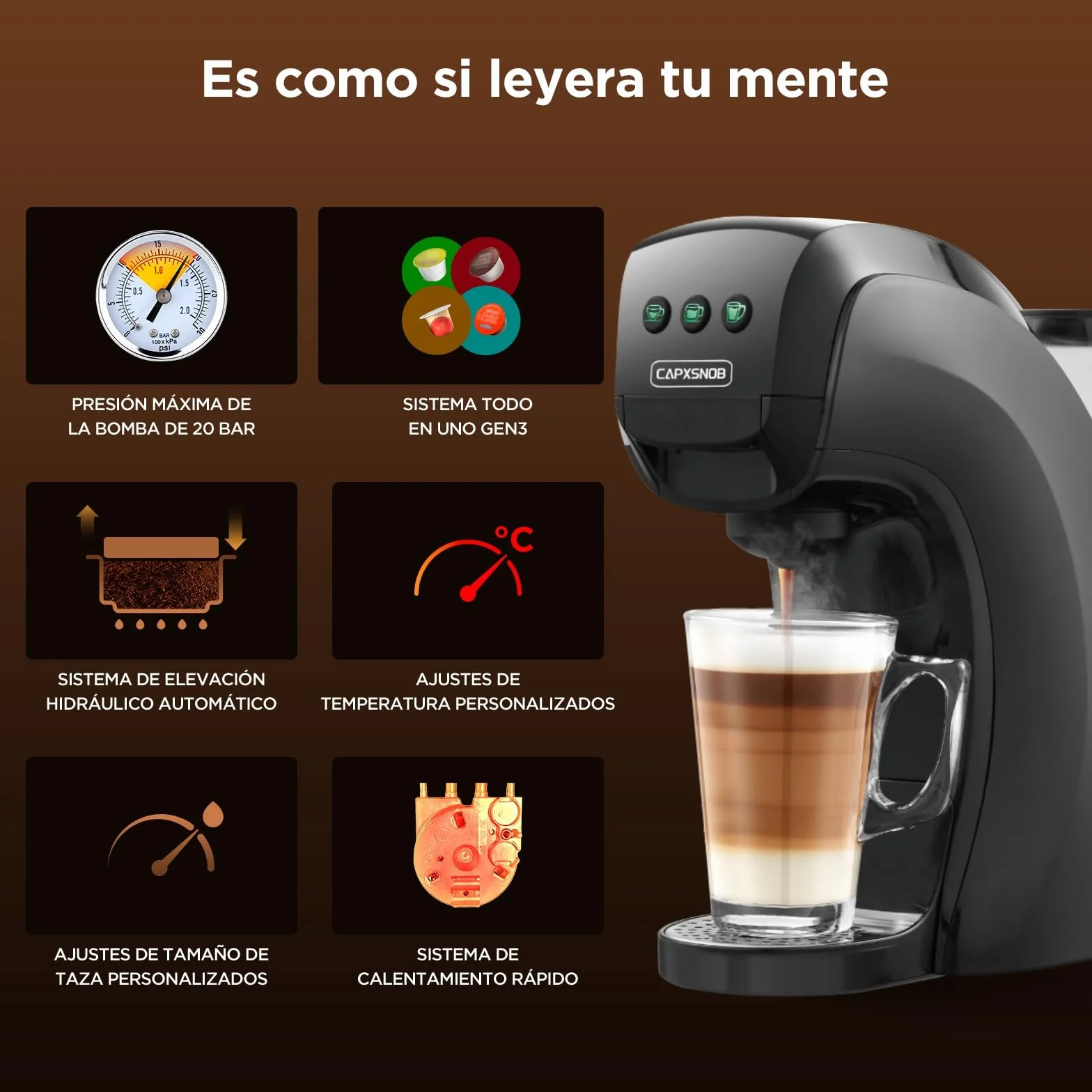 Warriors1 Cafetera Capsula 5en1 para Dolce Gusto, Nespresso, Lavazza A Modo Mio, Expreso Point y Café Molido, 20bar, 0,8L, Automática y Compacta Máquina Multicápsula, Multibebida para Hogar y Oficina