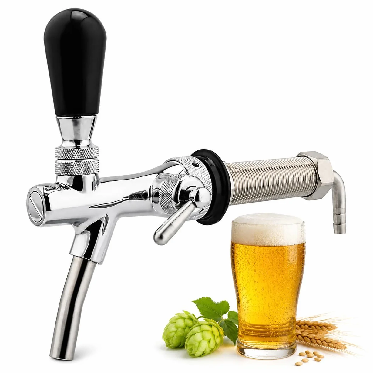 VOBOR Grifo de Barril de Cerveza Ajustable, Rosca G5/8, Válvula de Control de Flujo, Acero Inoxidable Cromado, Mango Negro, para Hogar, Hoteles, Bares y Restaurantes
