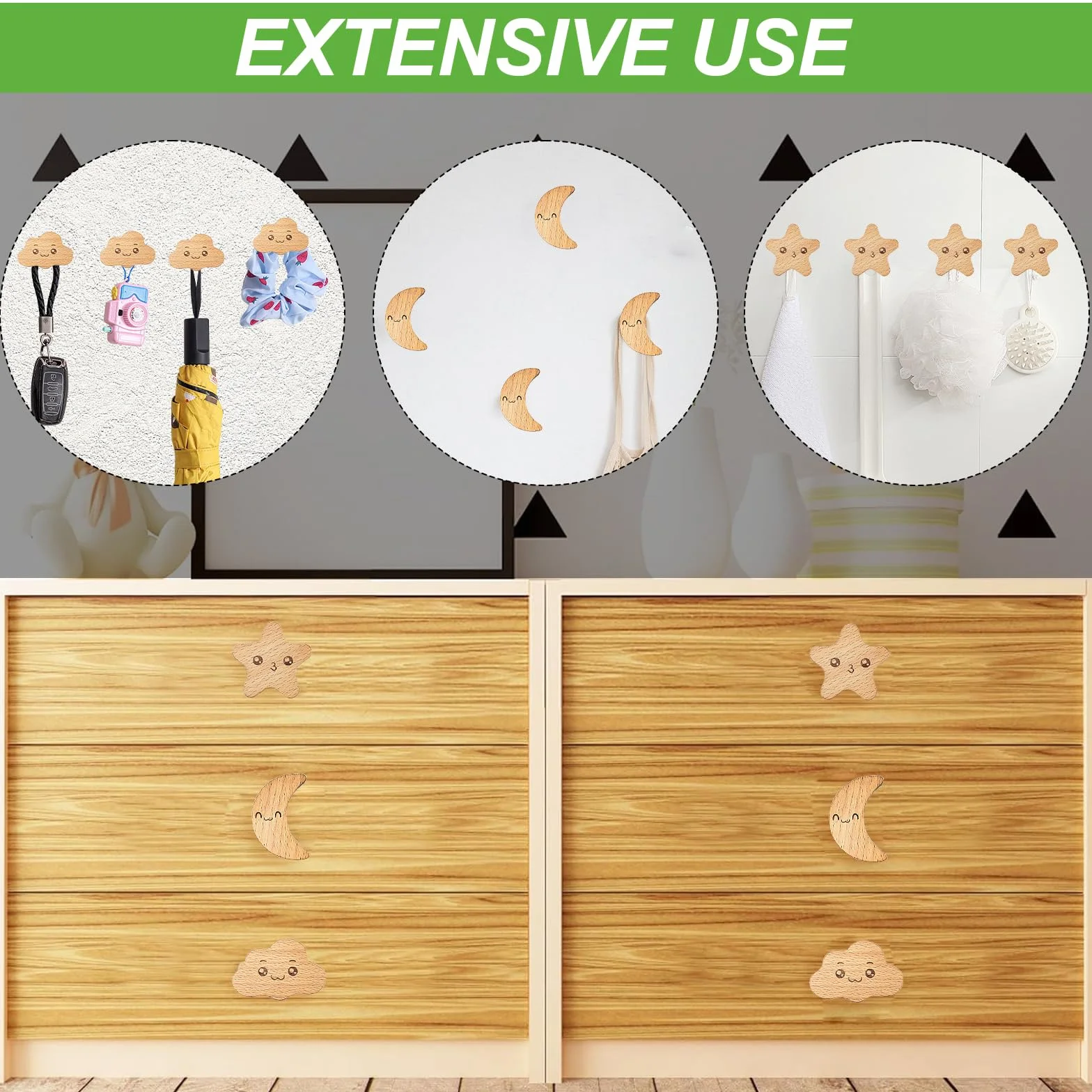 6 Piezas Tiradores Armarios, Pomos Infantiles, Maciza Tiradores Armarios Infantiles, Textura Natural Estrellas, Luna y Nubes Tiradores Infantiles Madera
