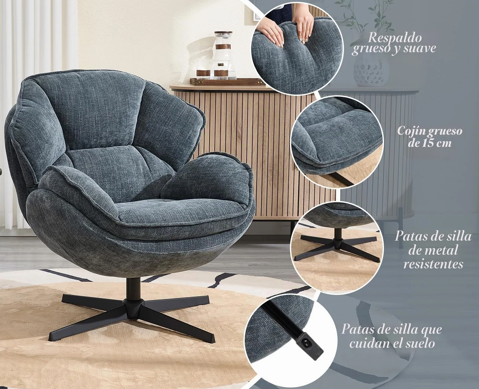 Ya-Home Butacas de Salon con Cojín y Respaldo de Doble Capa, Sillon Individual de Chenille con Reposabrazos, Silla Lectura para Dormitorio/Salon/Oficina, Azul