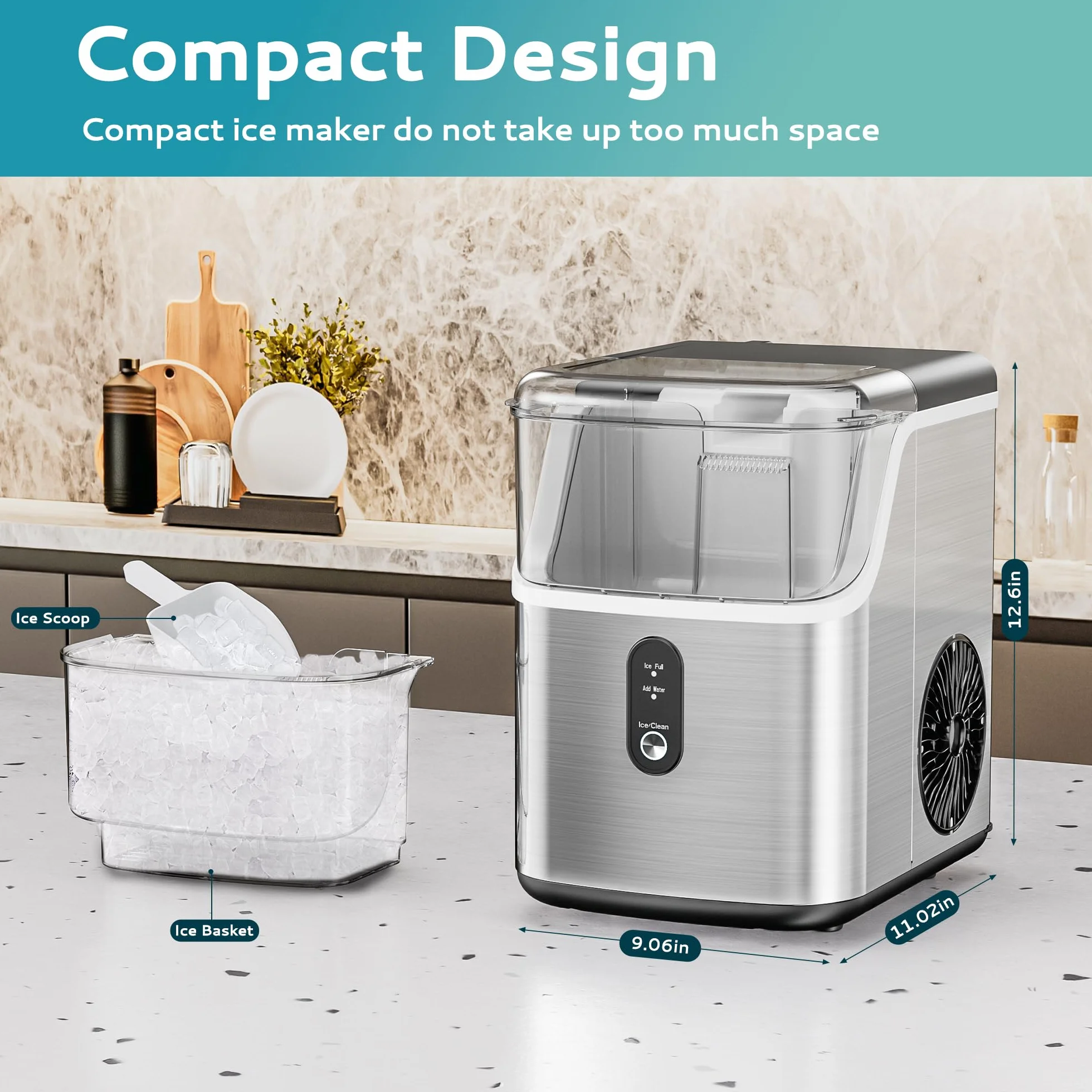 EUHOMY Nugget - Encimera para hacer hielo, máquina para hacer hielo de guijarros con hielo suave de 35 libras/24 horas, máquina de hielo sónico autolimpiable con cuchara de hielo y cesta, máquina de