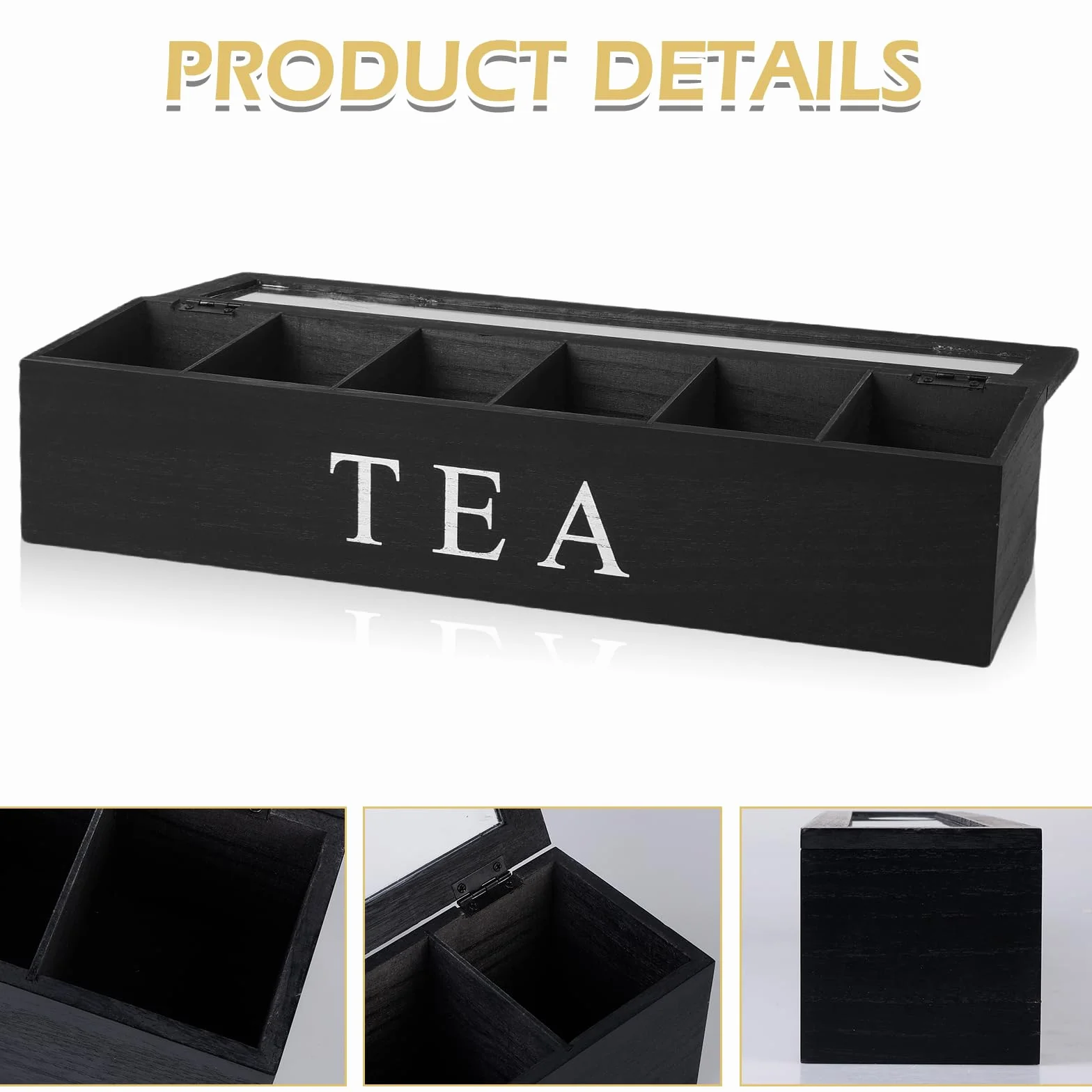 Organizador de bolsas de té con 6 compartimentos, 43 x 9 x 8,7 cm, cajas de té para bolsas de té, caja de almacenamiento de madera maciza negra, almacenamiento para bolsas de té, bolsas de especias