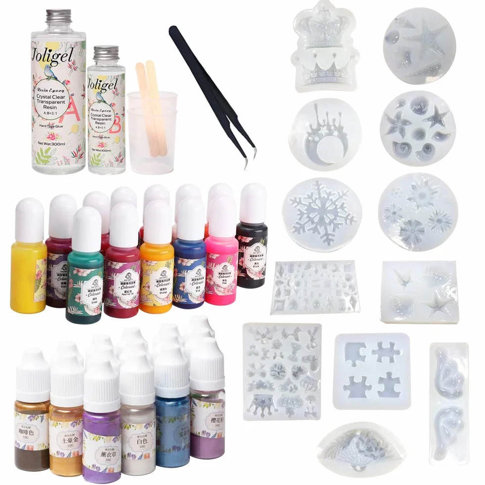 Joligel 2 partes Kit de fabricación de joyas de resina epoxi cristalina con 12 moldes + 28 pigmentos líquidos (13 colores sólidos 15 efecto metálico nacarado), con 2 tazas de mezcla + palos + pinzas