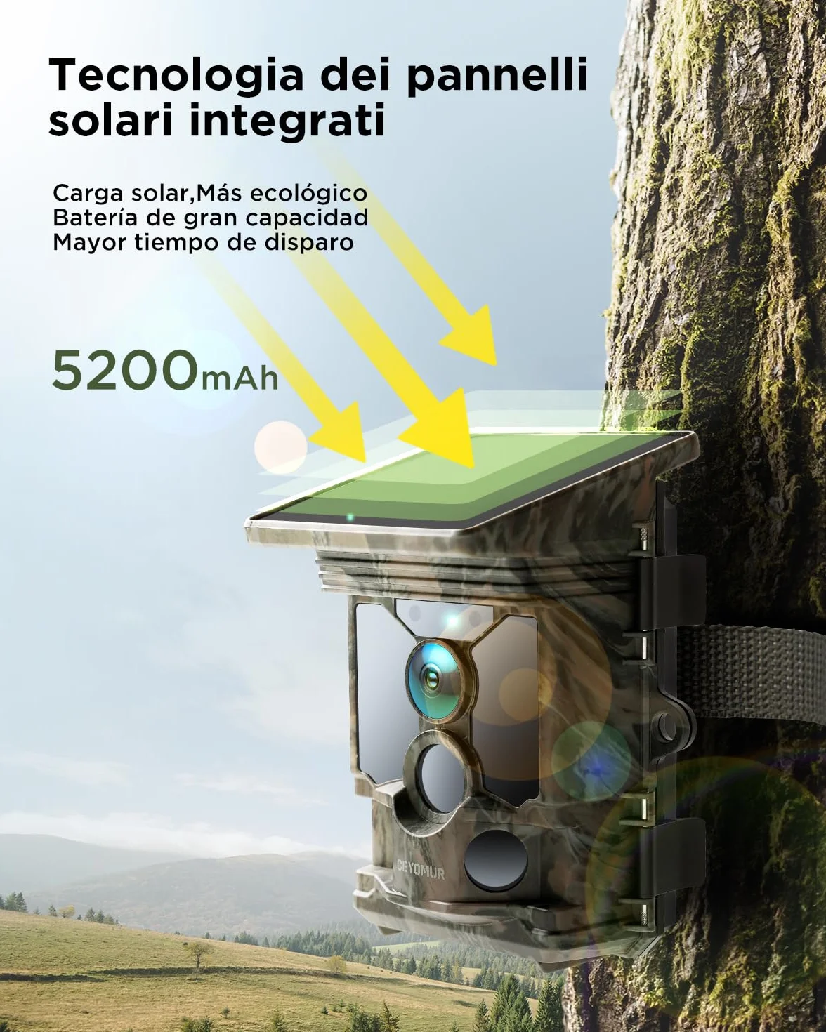 CEYOMUR Cámaras de Caza Solar 68MP 4K 30fps WiFi Bluetooth IP66 Impermeable Visión Nocturna 5200mAh