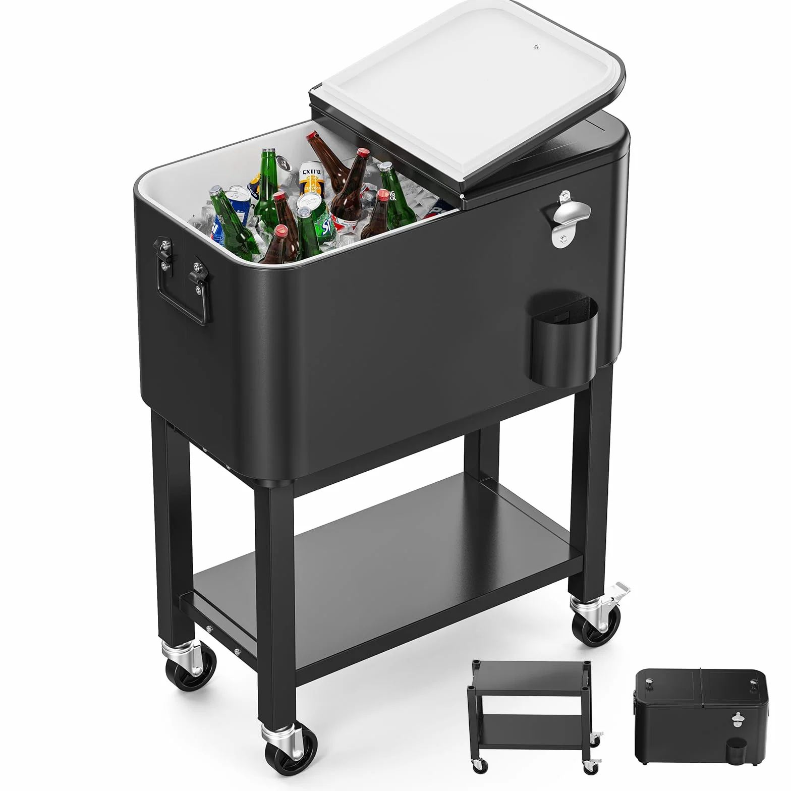 Bonnlo Carro de Servicio de 57L con Ruedas, Carro Auxiliar, Enfriador de Patio, Caja de Enfriamiento, Enfriador de Bebidas con Abrelatas, Ideal para Fiestas y BBQs, 35,5 X 66 X 81 cm, Negro