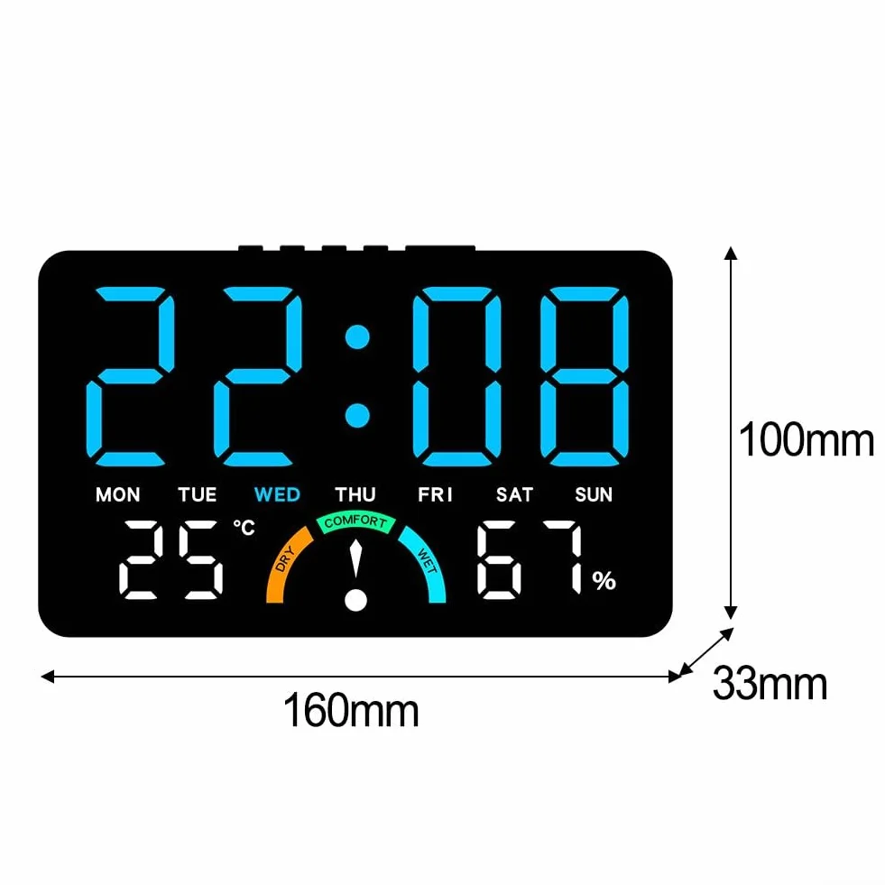 Reloj digital LED grande con indicadores de hora, humedad, temperatura, fecha, alarma y nivel de comodidad, diseñado para colgar en la pared o configuración plana (azul)