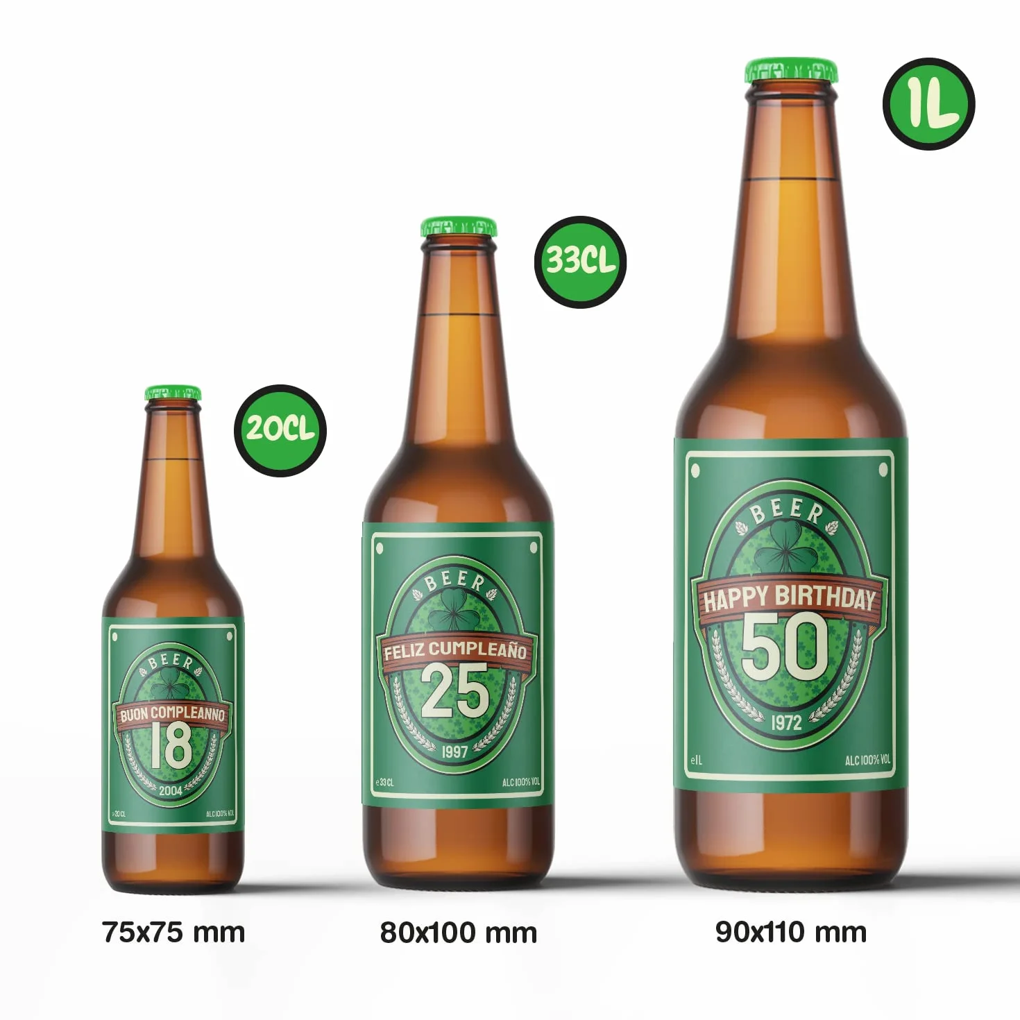 Pack de 6 Etiquetas Personalizadas para Botellas de Cerveza, con Texto y Edad, Pegatinas Pub Irlandés, Resistente al Agua y Hielo, Ideal para Cumpleaños y Fiestas, Tamaño a Elegir: 20cl, 33cl, 1L