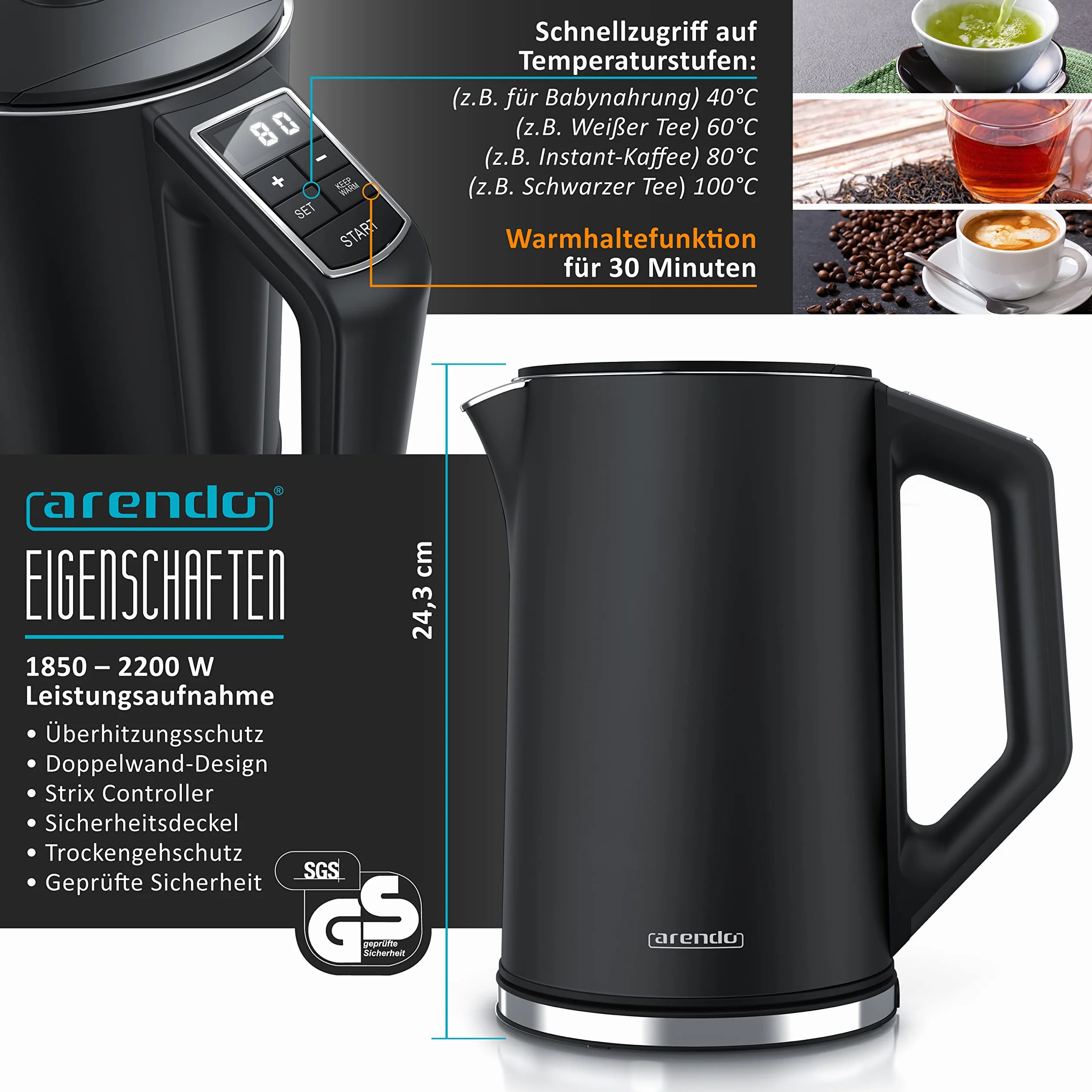 Arendo - Hervidor de agua con tostadora de acero inoxidable negro, hervidor 1,5 l, 40 °, 100 °C, función de mantenimiento caliente, tostadora, 4 rebanadas, pantalla LED, 6 niveles de bruñido