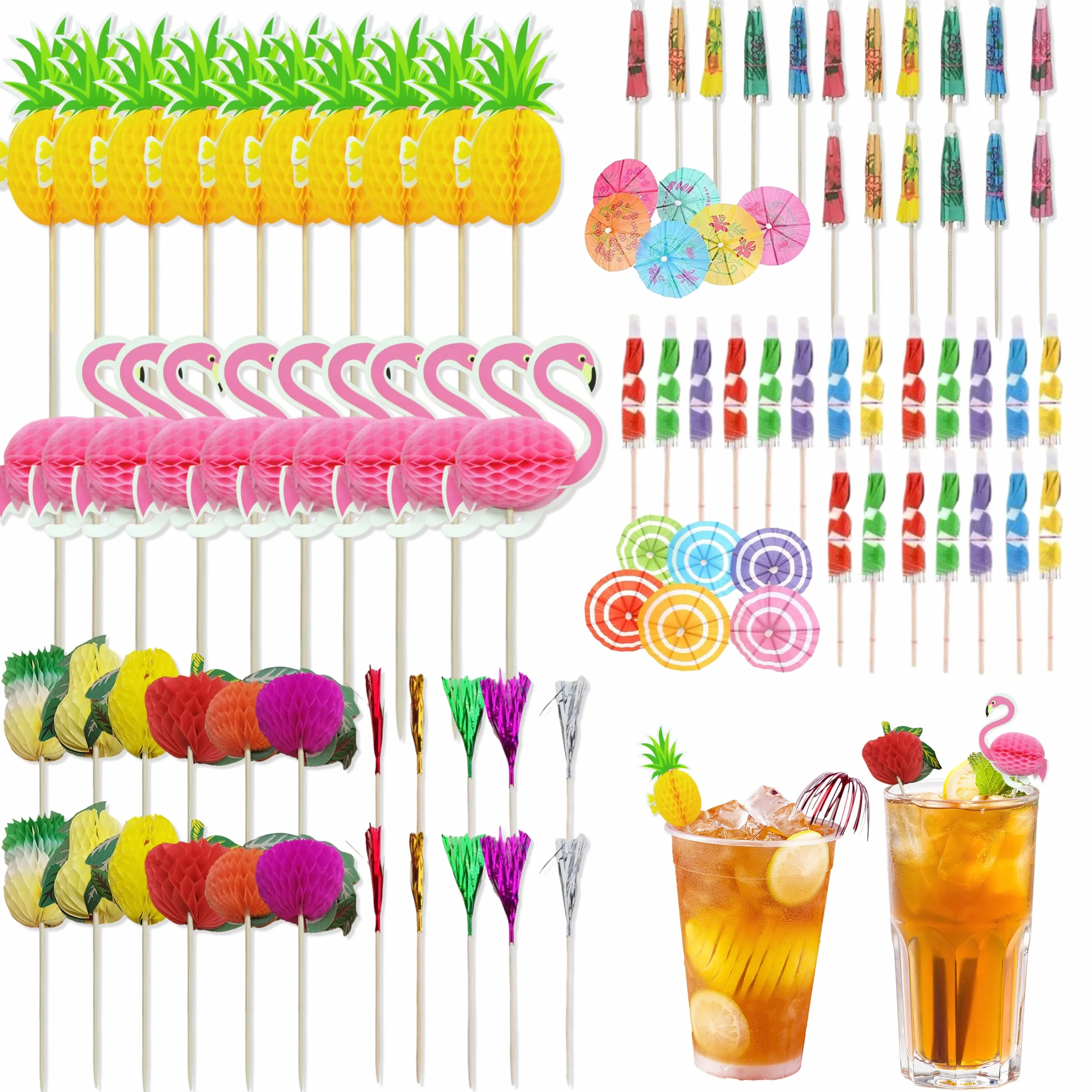 120 Piezas Decoración de Cóctel, 6 Estilos Decoración para Cócteles, Sombrillas de Cóctel Palos de Fuegos Palillos de Cóctel para Fiestas Recepción de Boda Bebidas Adorno de Tarta